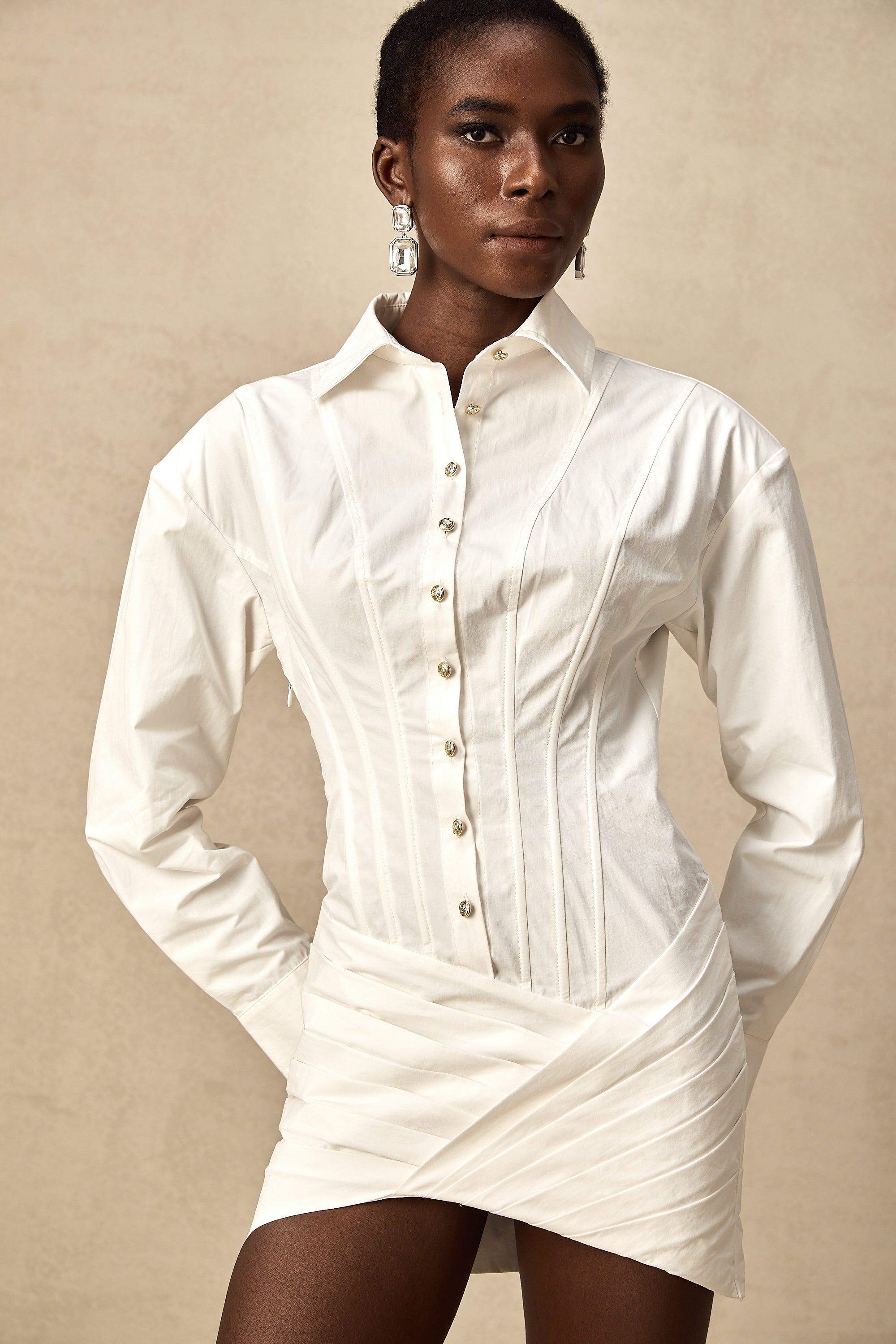 Orlane white cinched-waist pleated mini shirt dress (US Only)