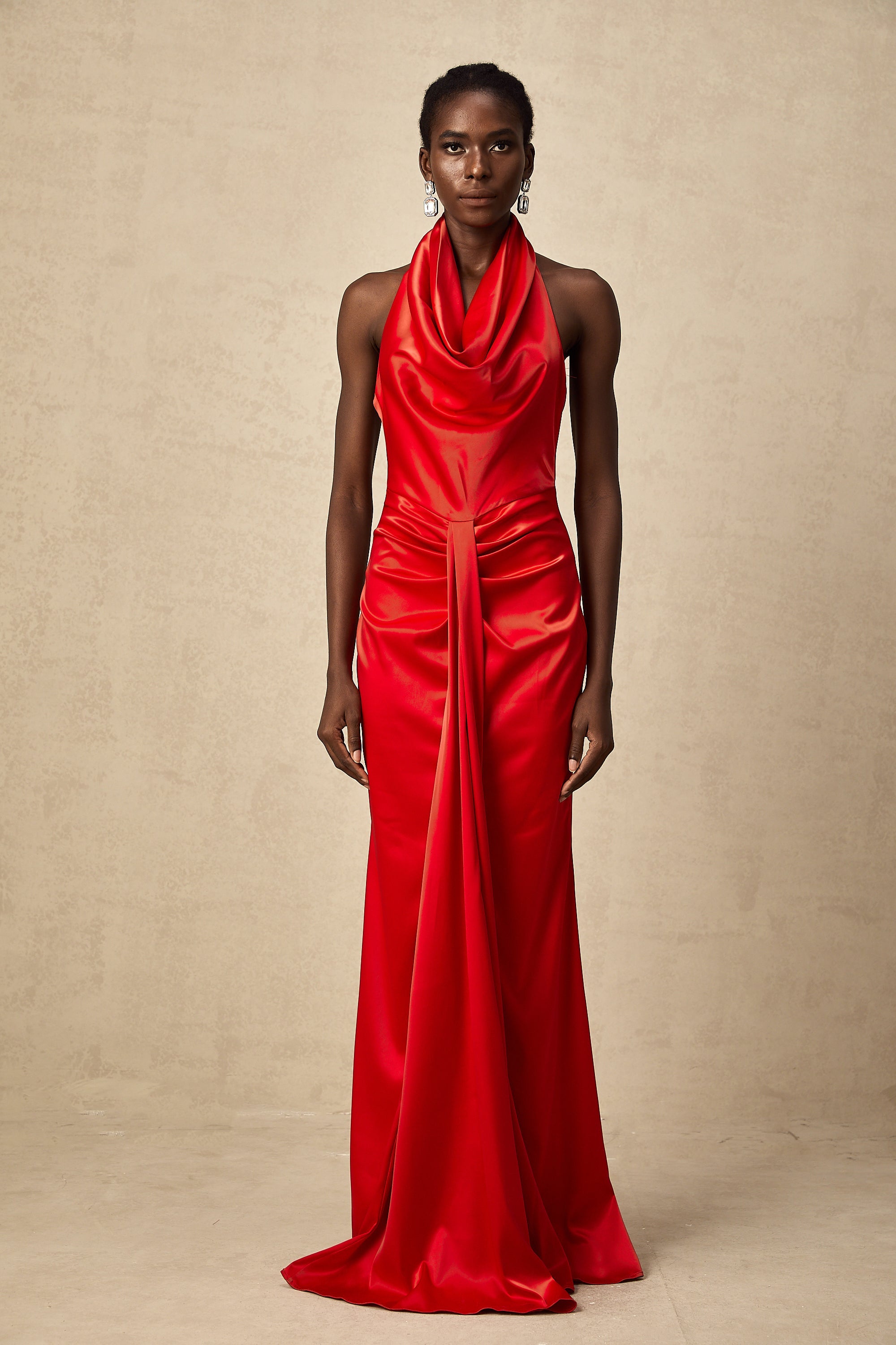 Alix red halterneck draped satin maxi dress