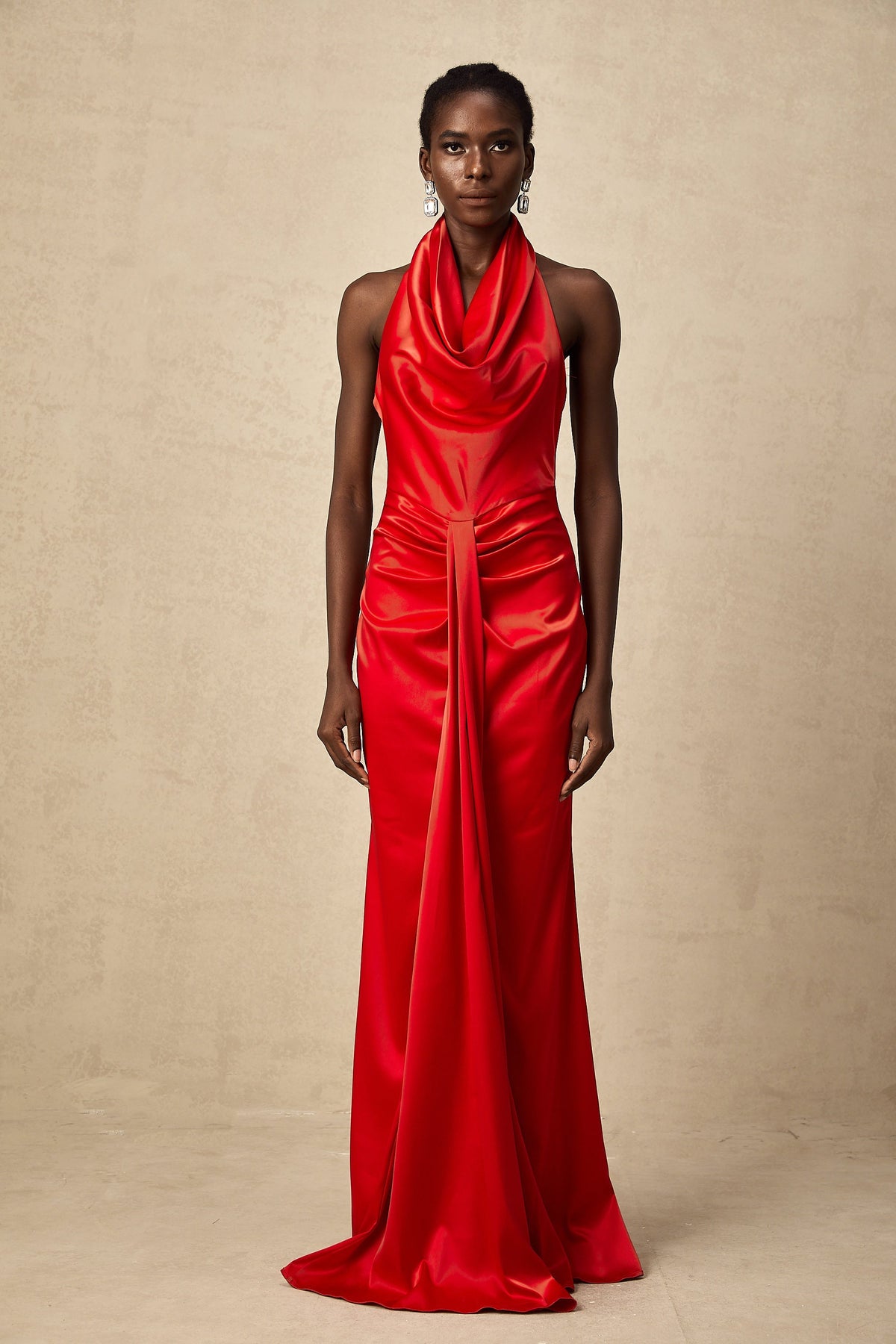 Alix red halterneck draped satin maxi dress (Final Sale-US Only)