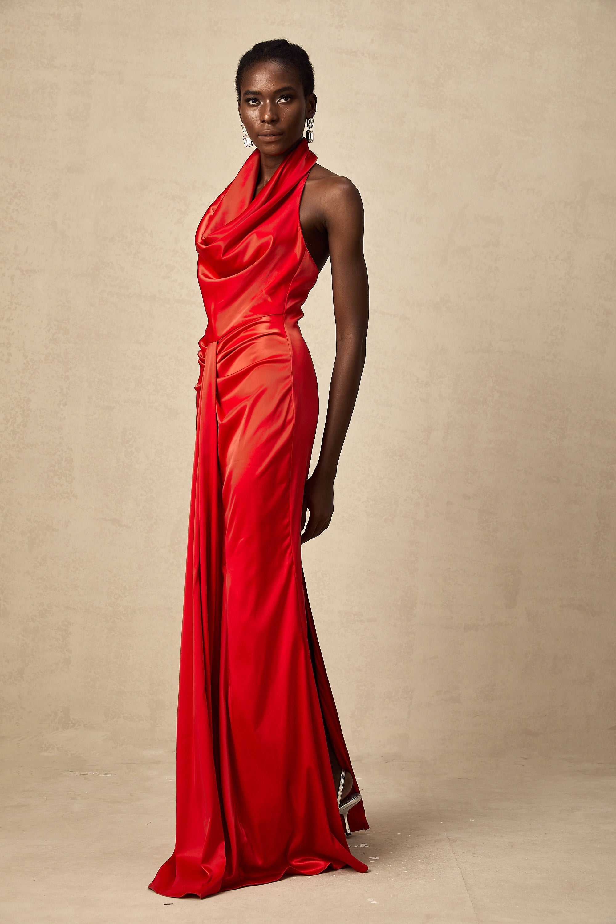 Alix red halterneck draped satin maxi dress