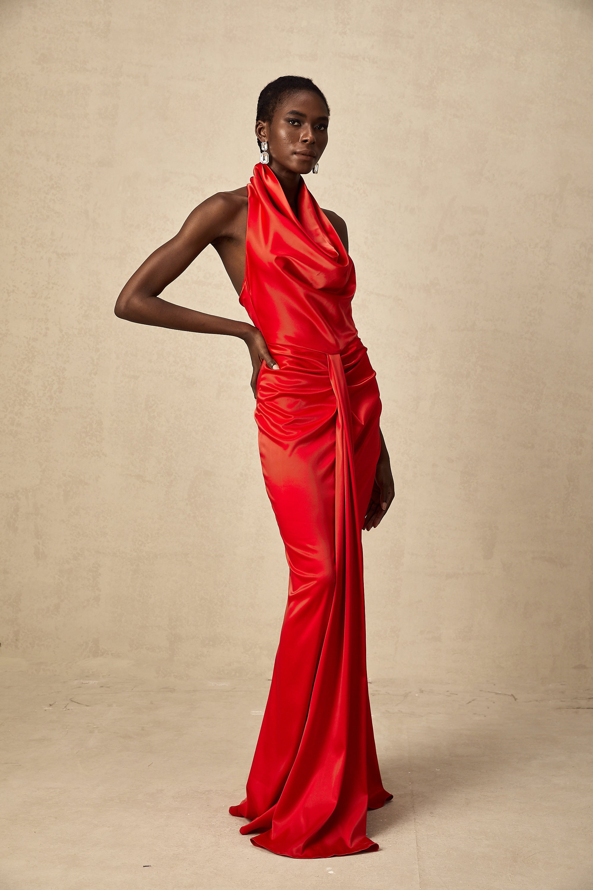 Alix red halterneck draped satin maxi dress