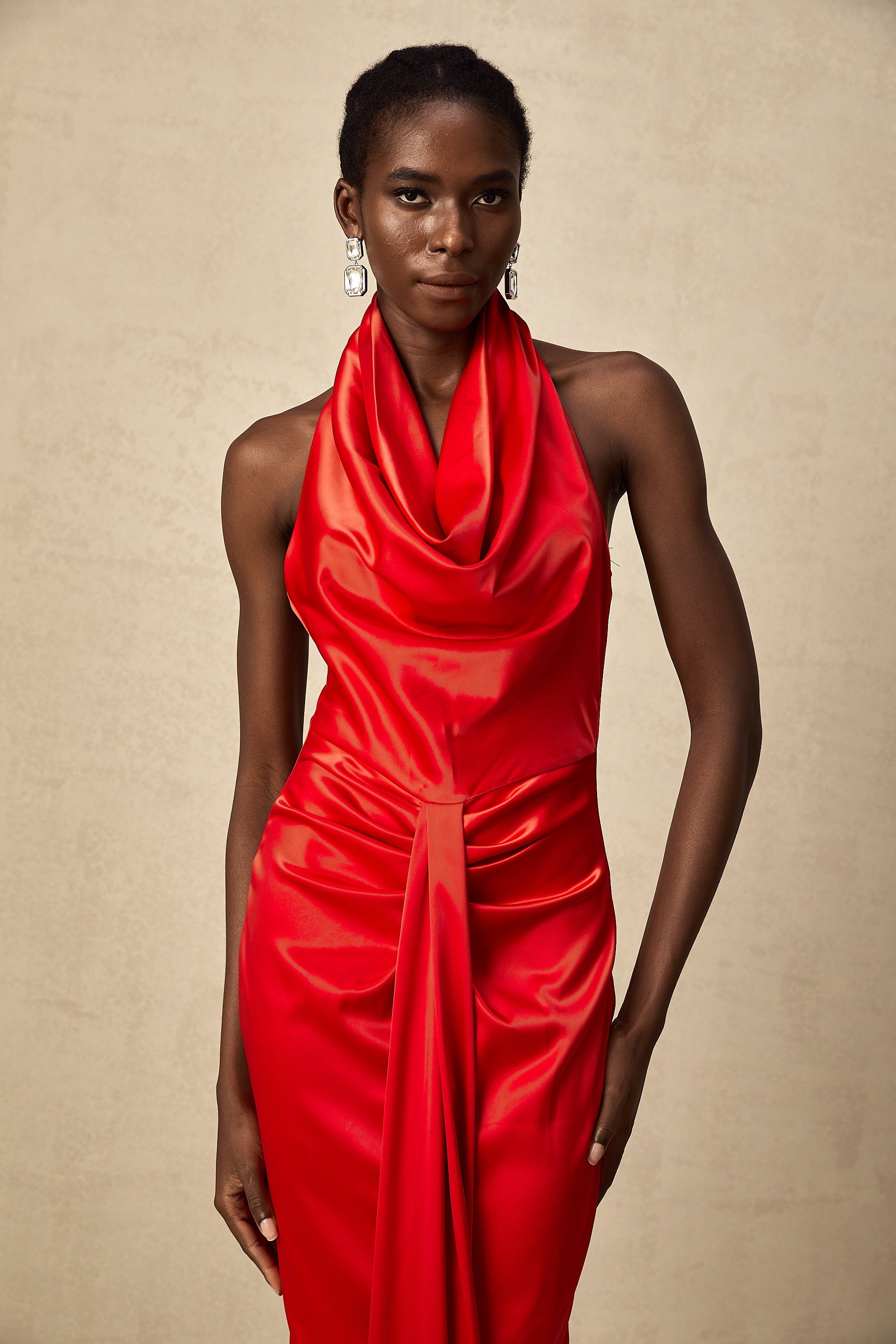 Alix red halterneck draped satin maxi dress