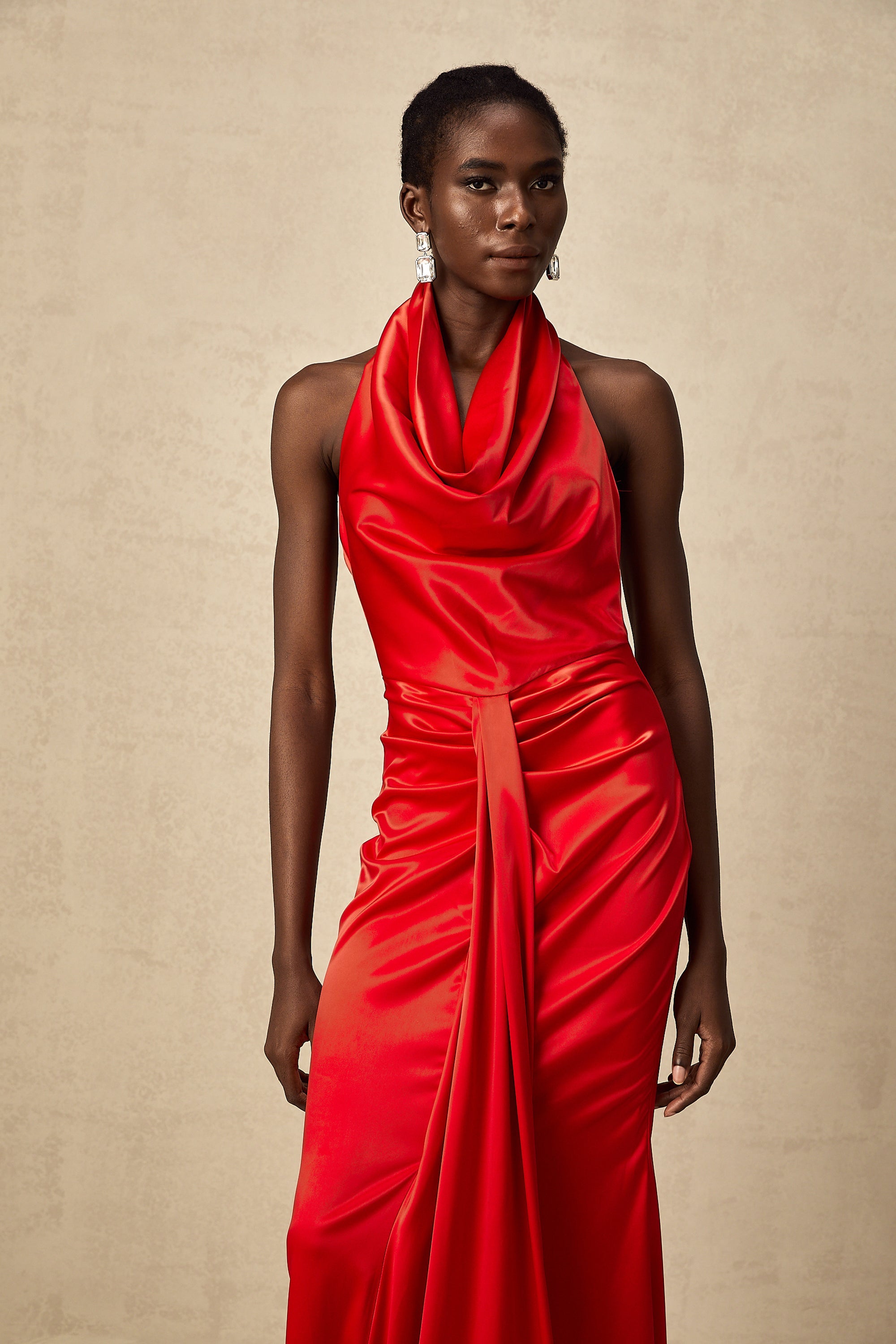 Alix red halterneck draped satin maxi dress