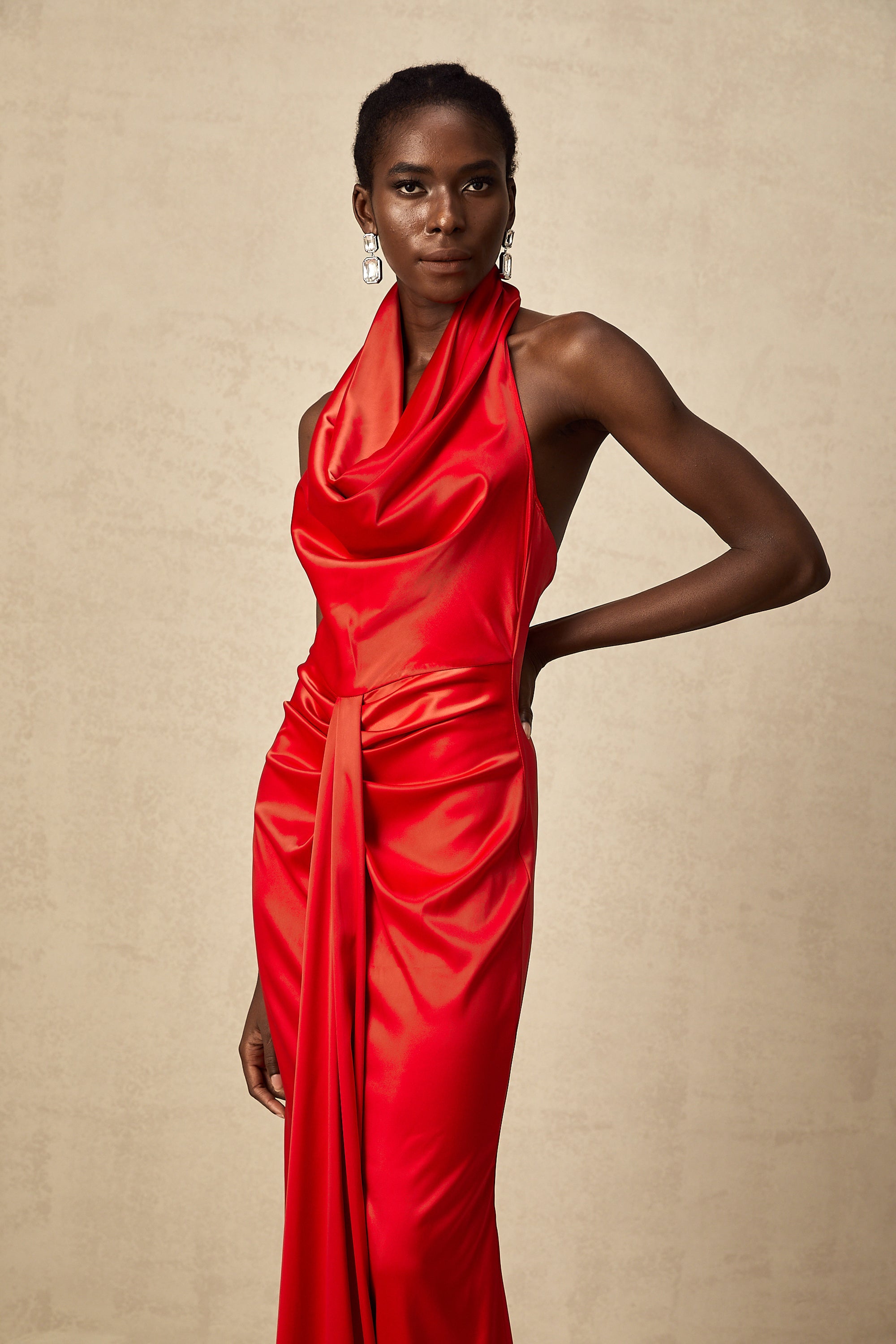 Alix red halterneck draped satin maxi dress