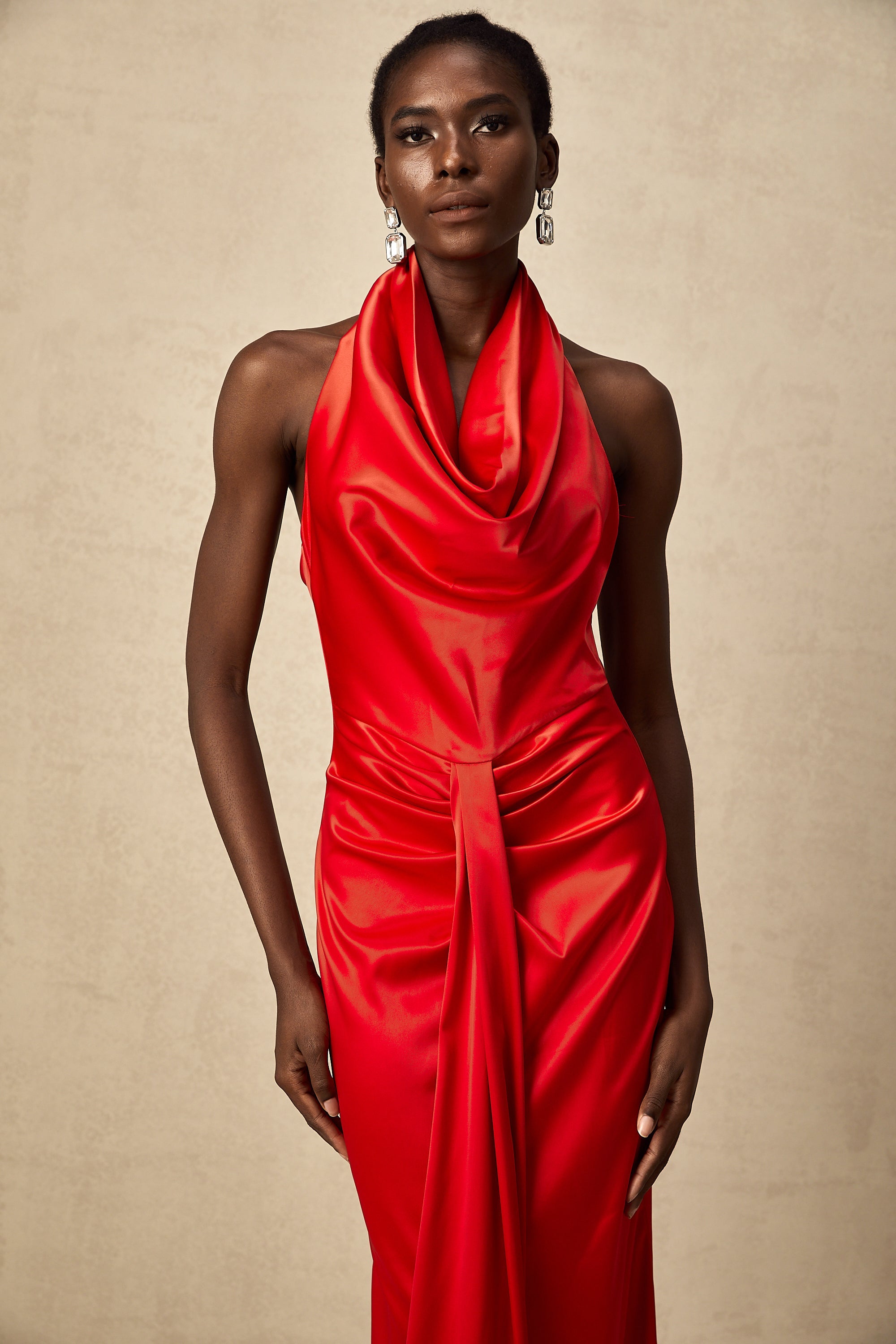 Alix red halterneck draped satin maxi dress (Final Sale-US Only)