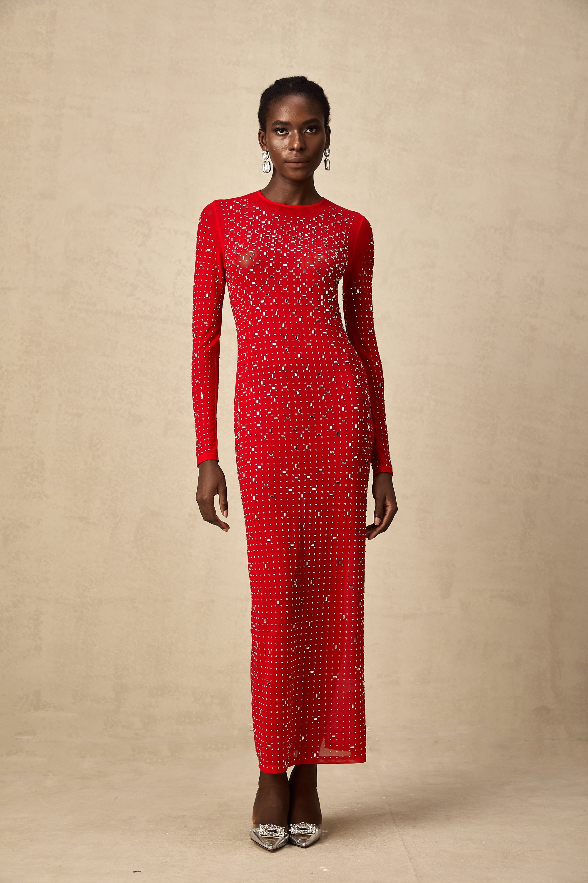 Ghislaine red rhinestone tulle maxi dress (Final Sale-US Only)