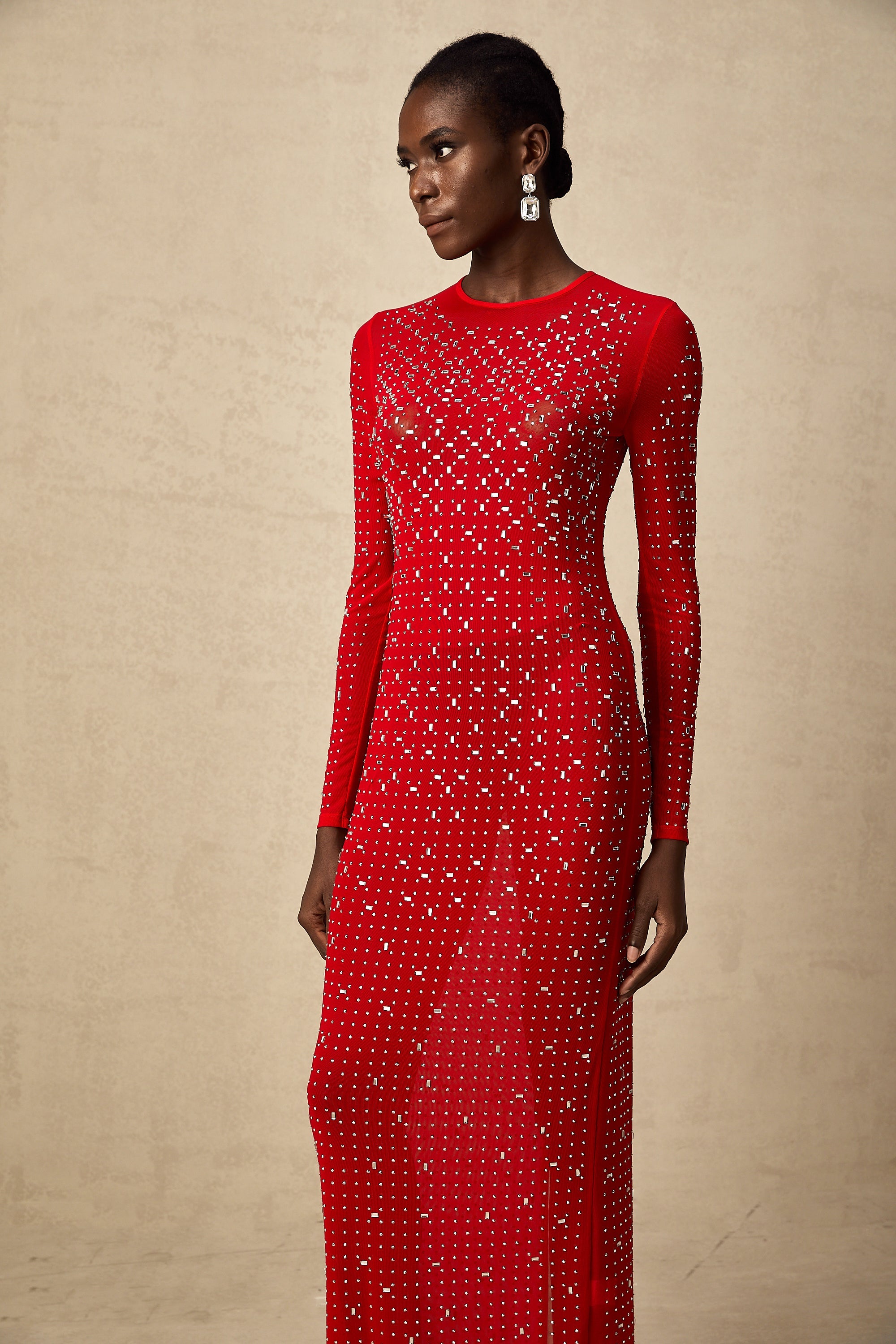 Ghislaine red rhinestone tulle maxi dress (US Only)