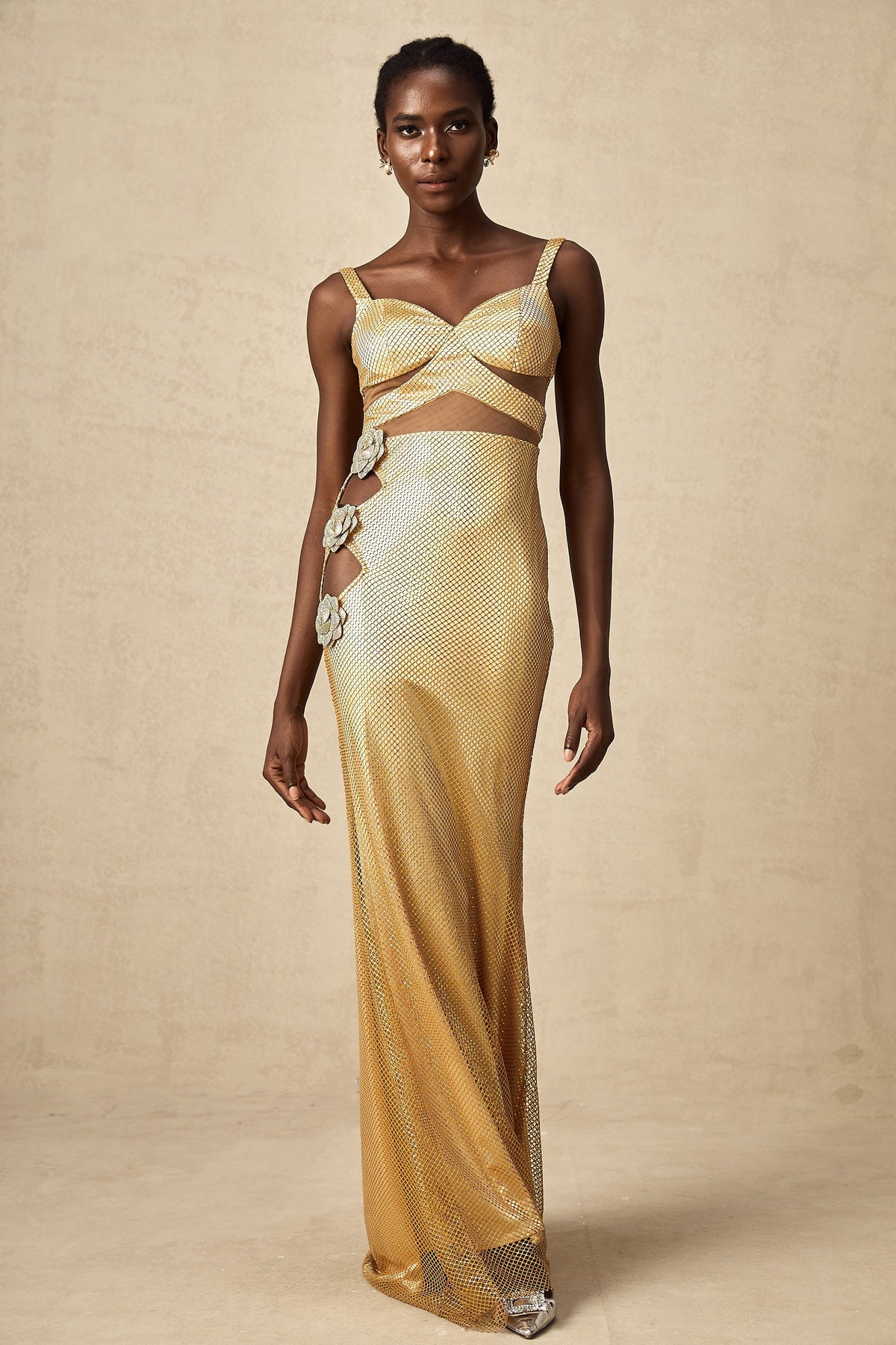 Giulia gold faux-flower cut-out maxi dress