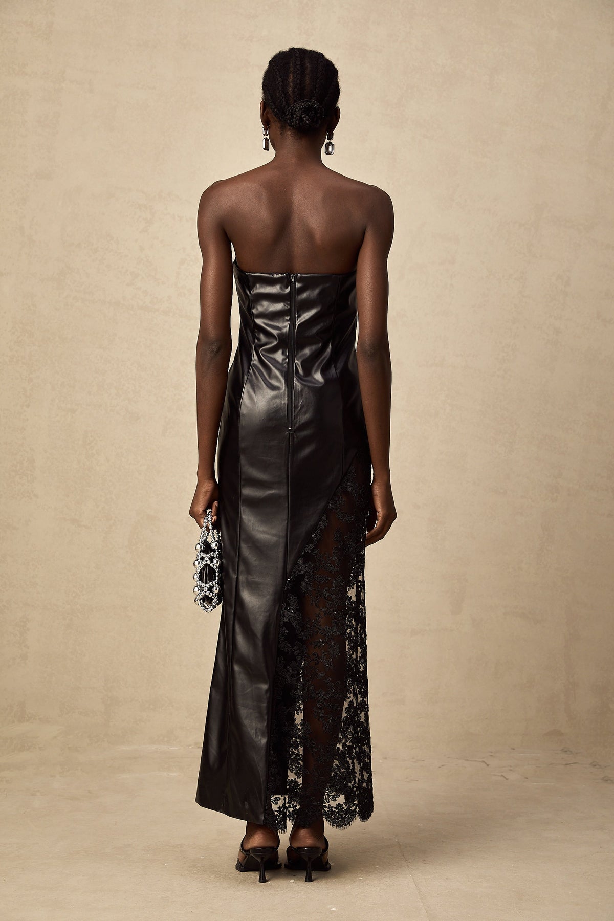 Angélique black lace-panel faux-leather maxi dress