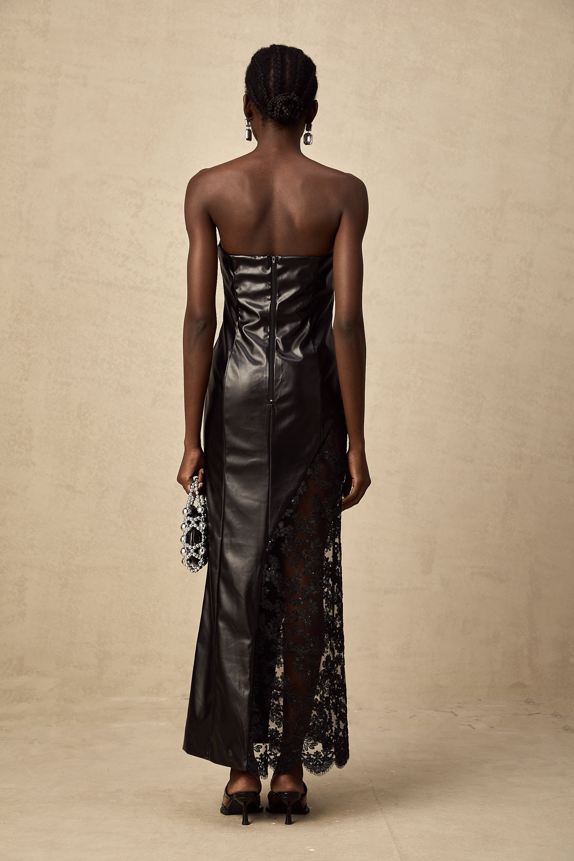 Angélique black lace-panel faux-leather maxi dress (US Only)