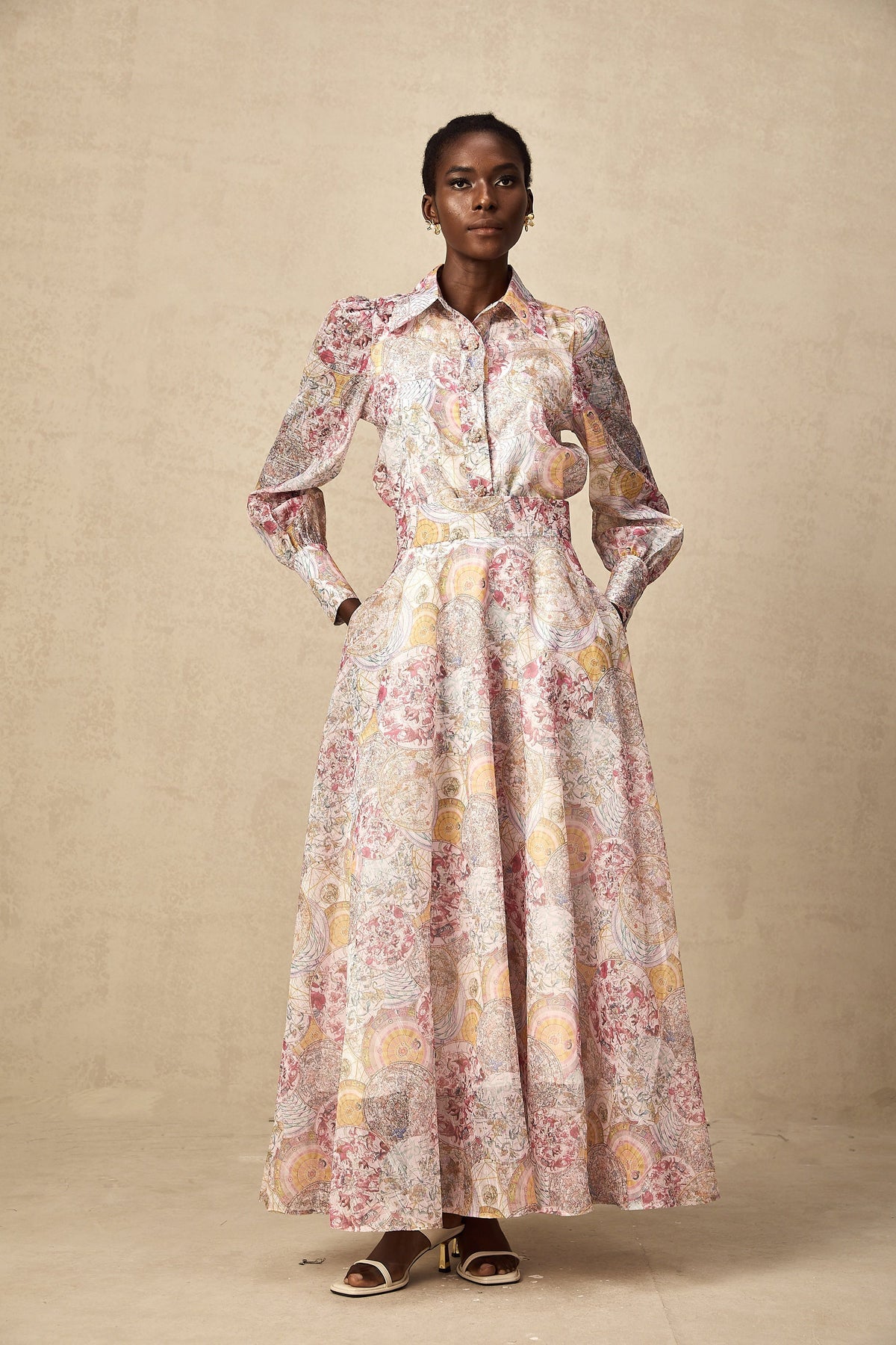 Cherry pink pattern-print shirt & skirt matching set