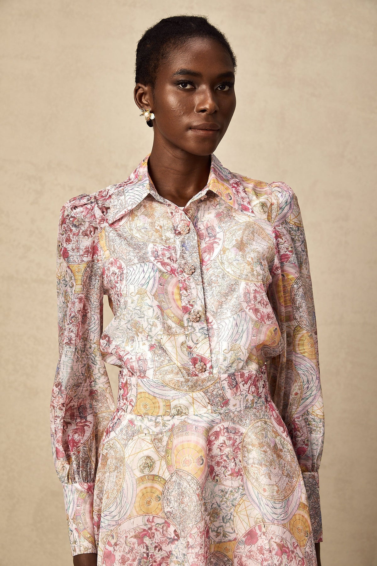 Cherry pink pattern-print shirt & skirt matching set