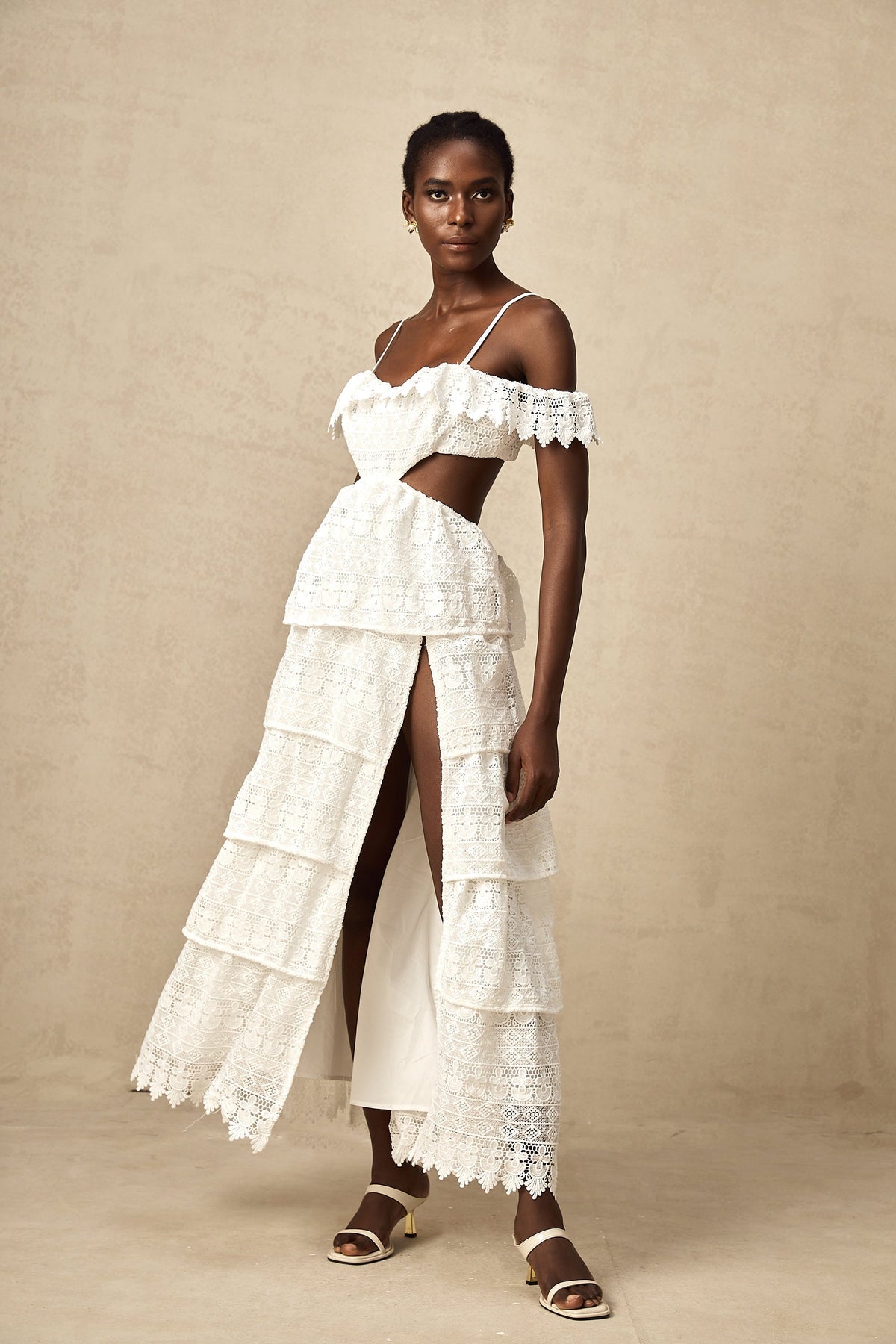 Genevieve white lace open-work midi dress