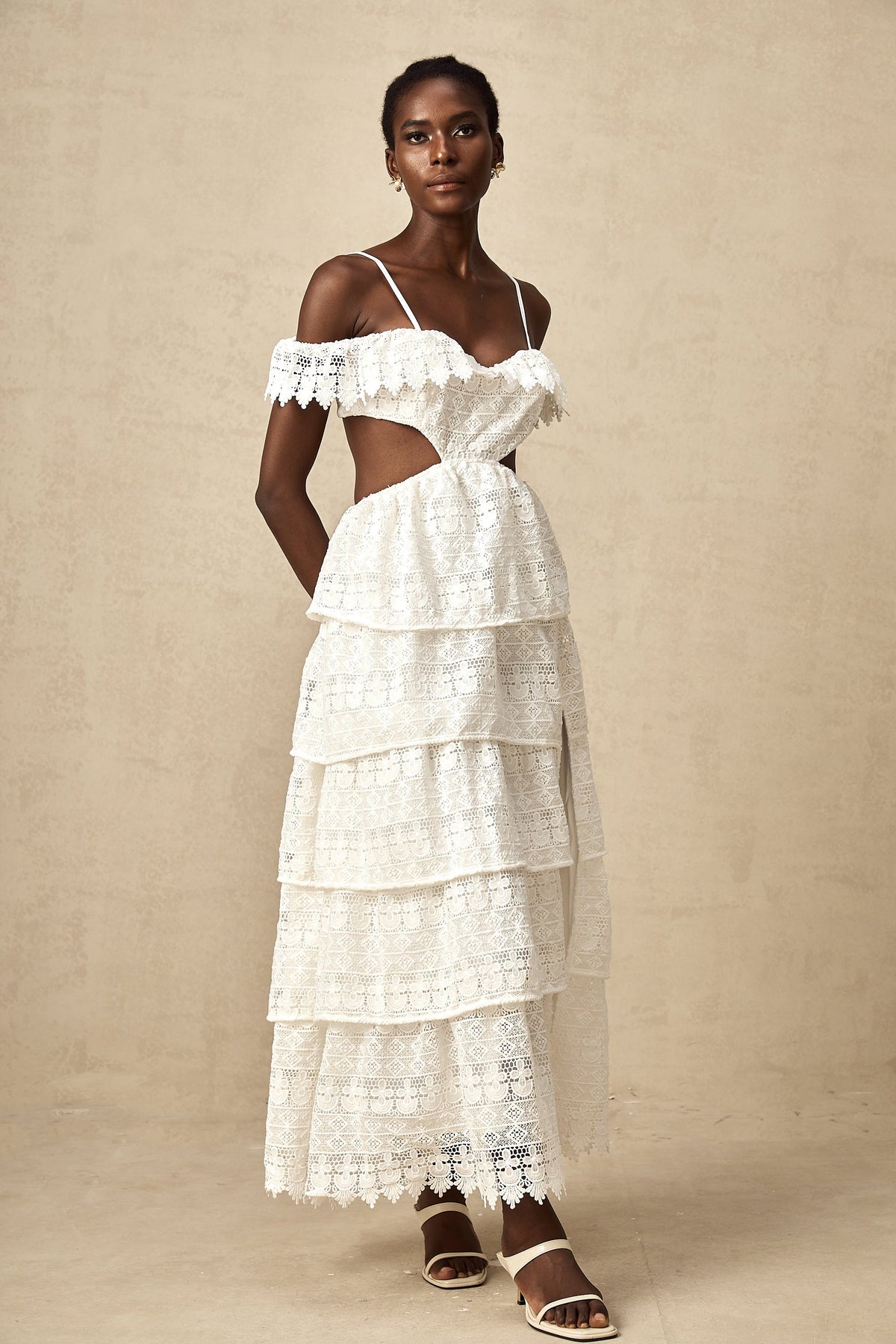 Genevieve white lace open-work midi dress