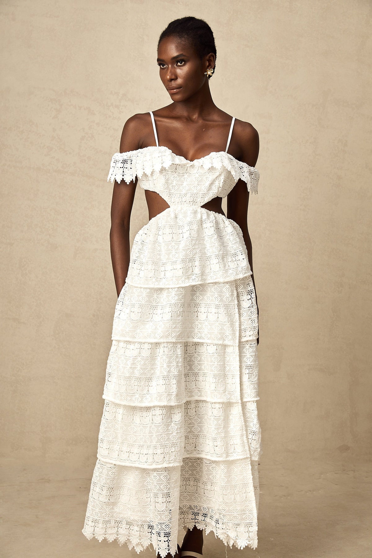 Genevieve white lace open-work midi dress