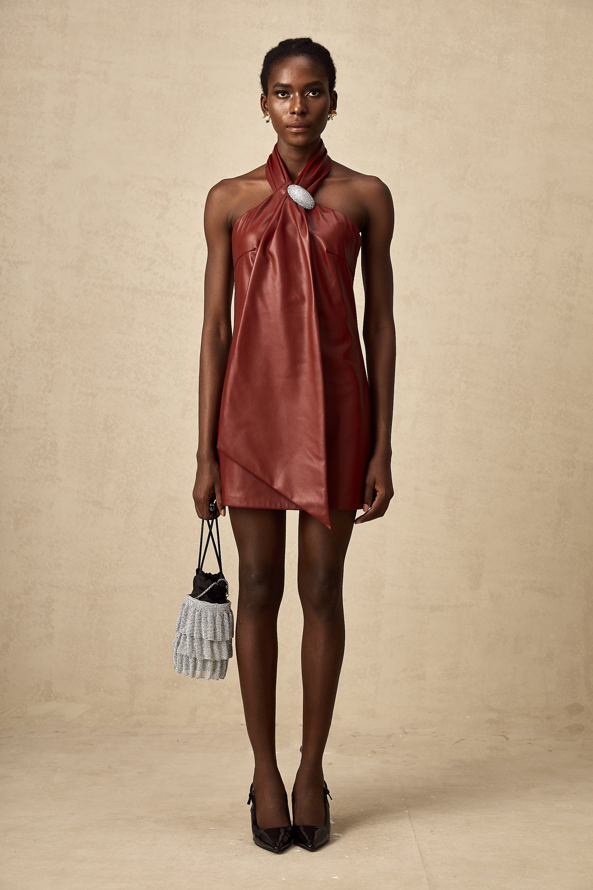 Maxanne red halterneck sheepskin mini dress