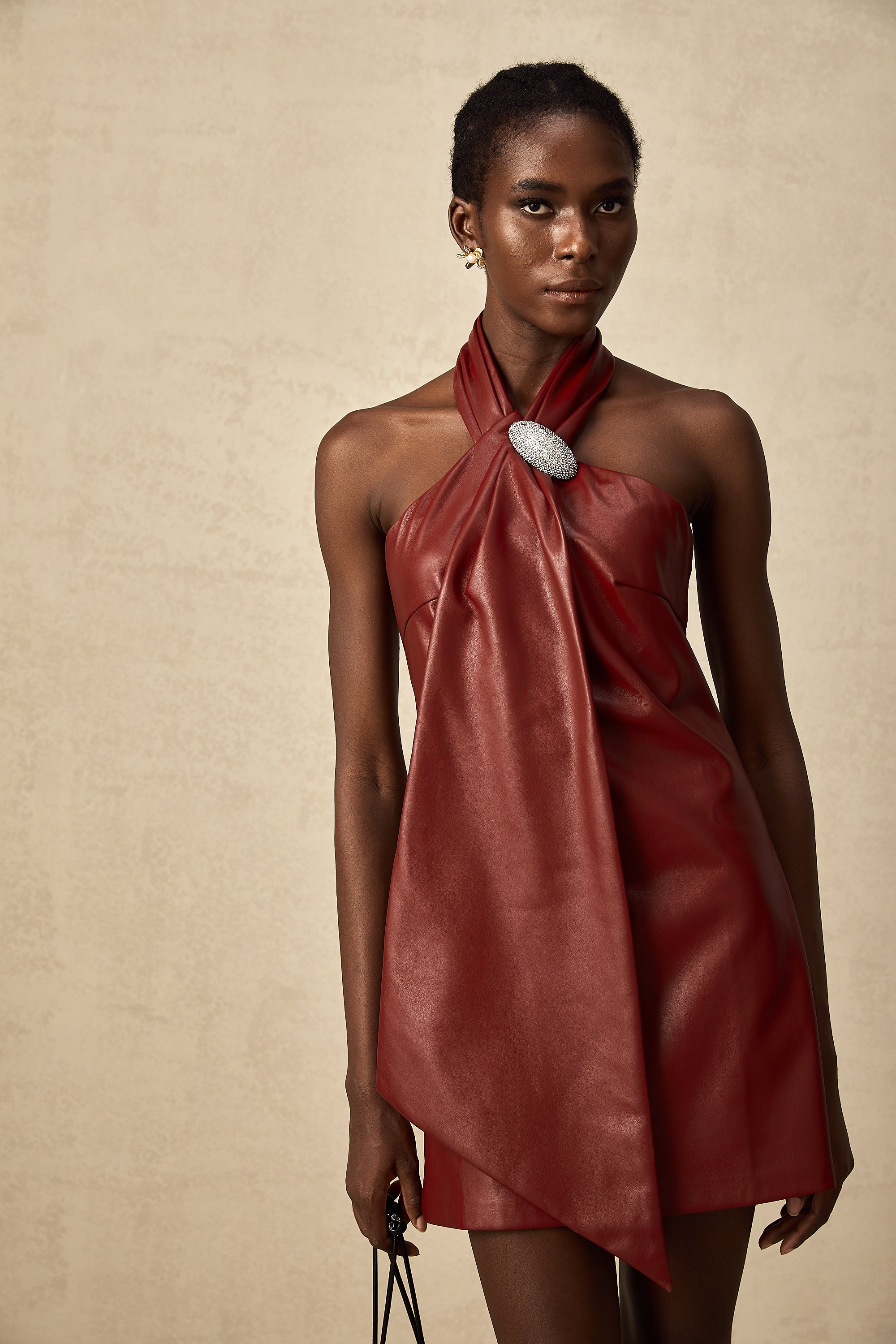 Maxanne red halterneck sheepskin mini dress