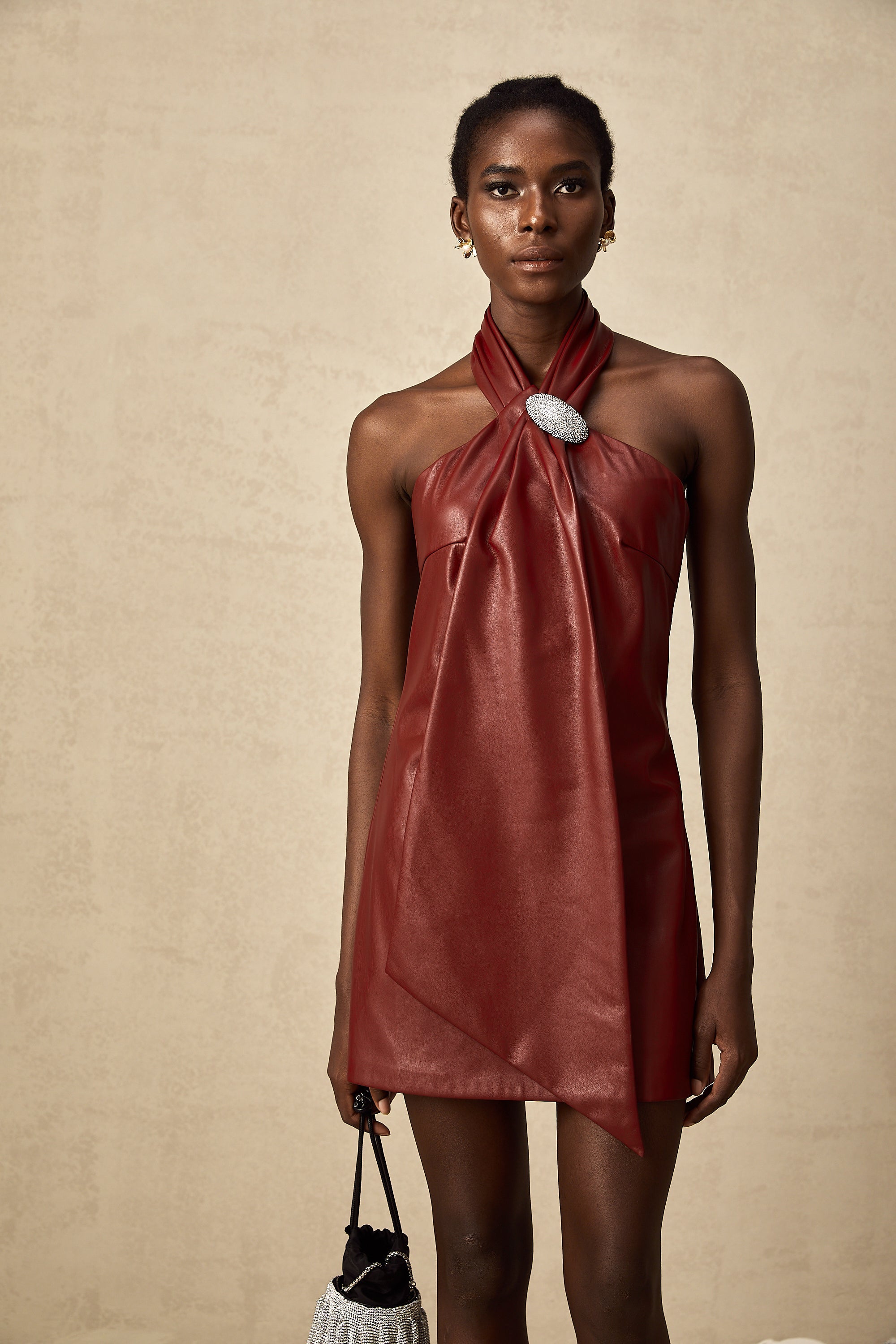 Maxanne red halterneck sheepskin mini dress