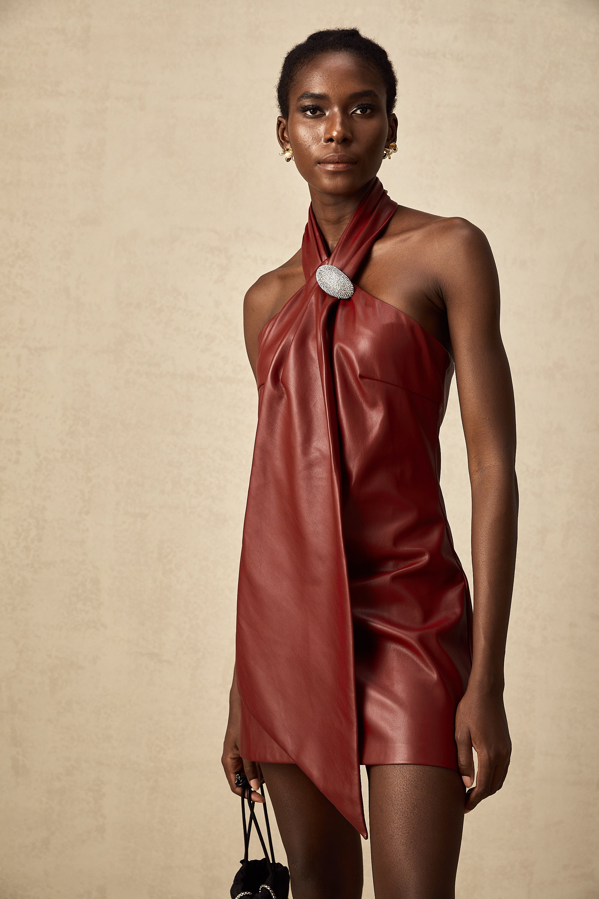 Maxanne red halterneck sheepskin mini dress