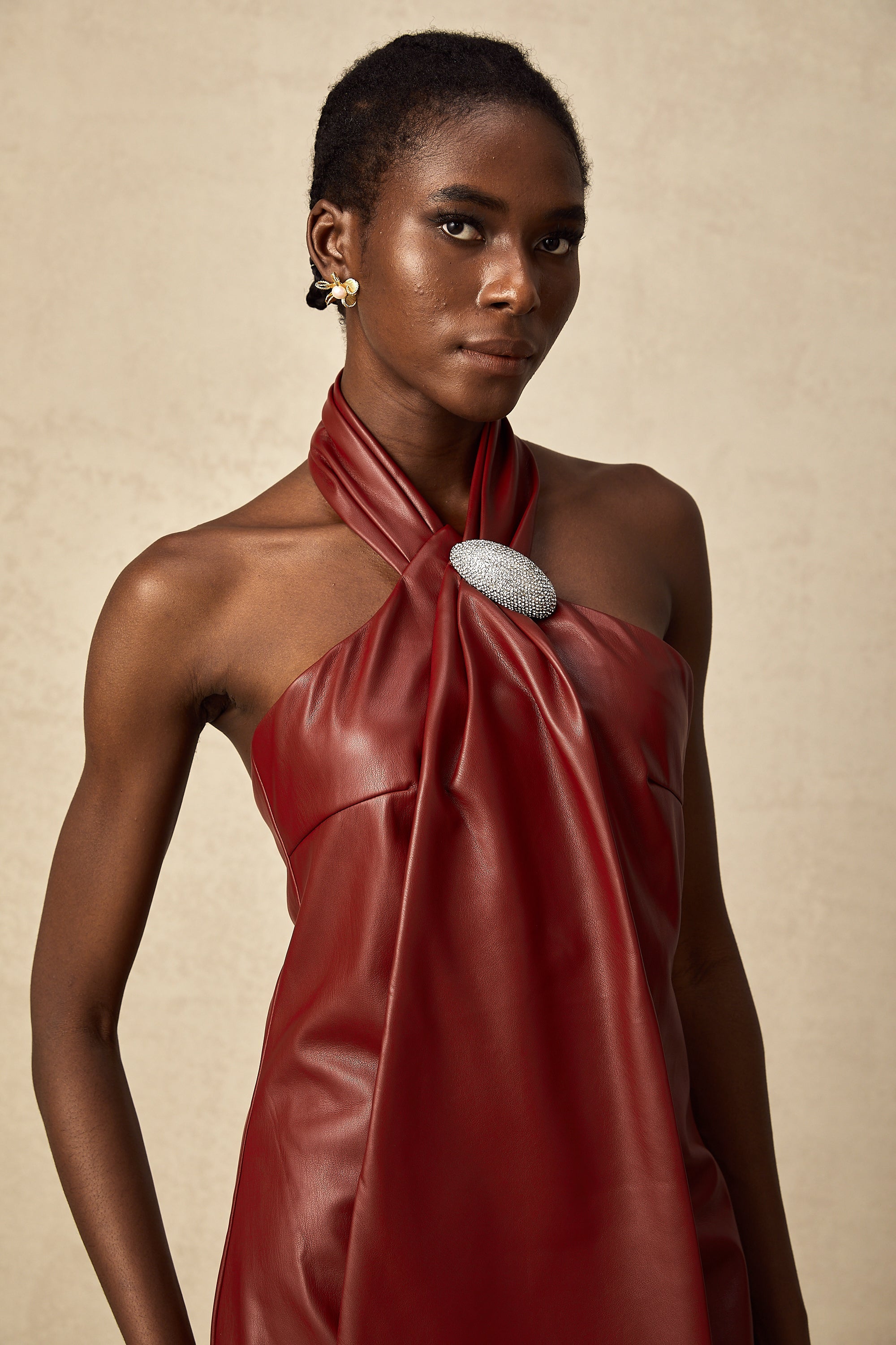 Maxanne red halterneck sheepskin mini dress