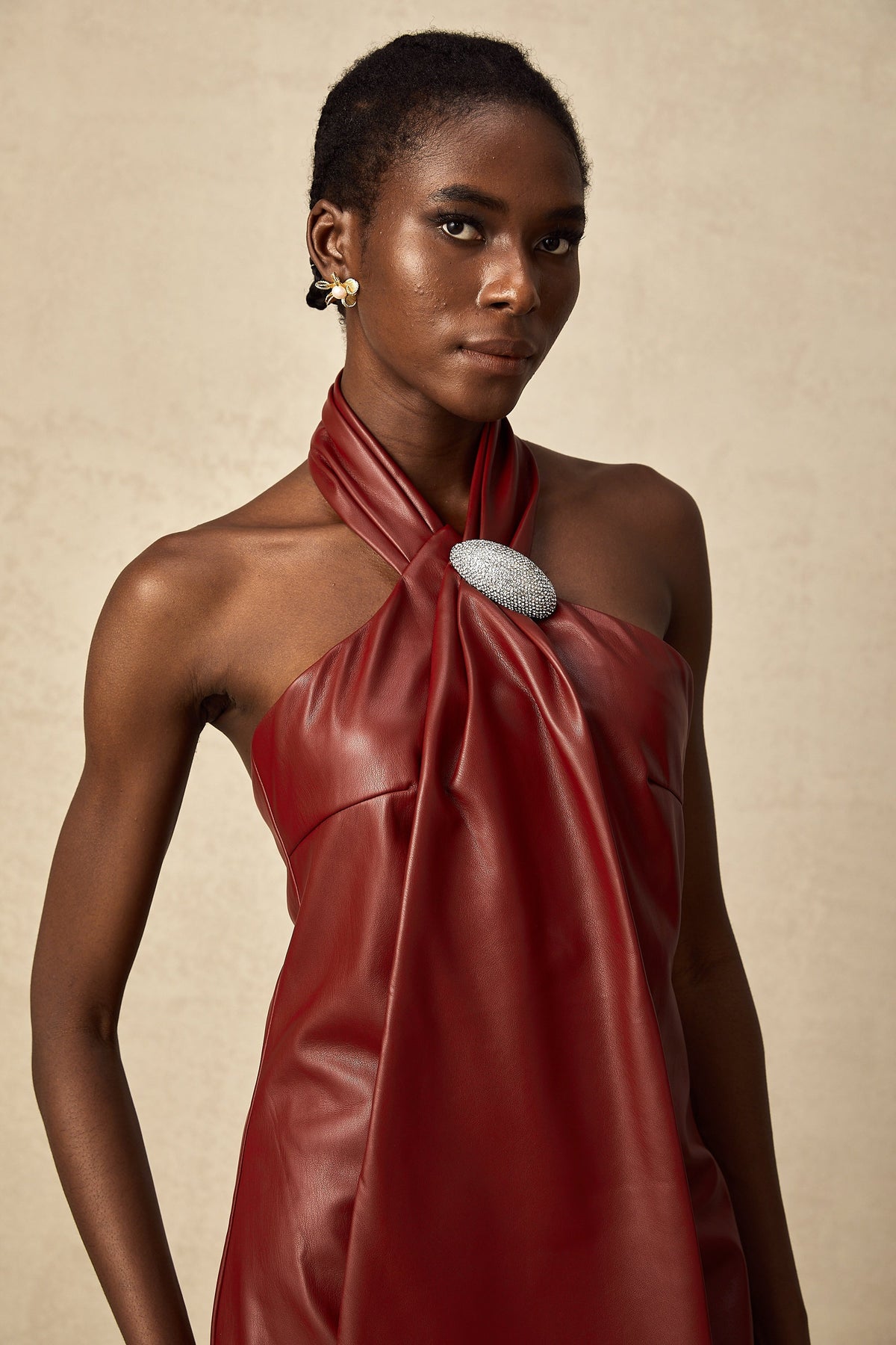 Maxanne red halterneck sheepskin mini dress