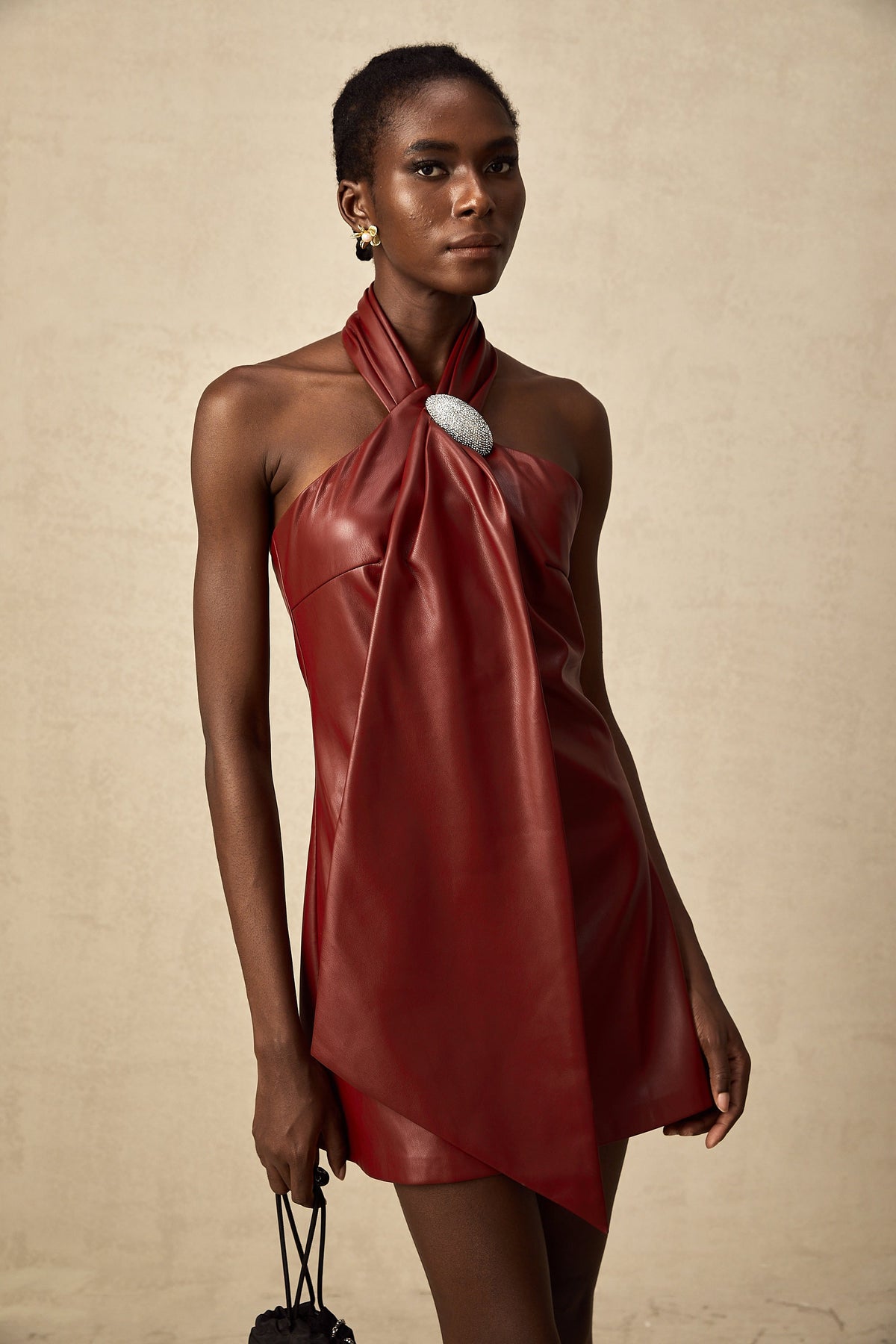 Maxanne red halterneck sheepskin mini dress
