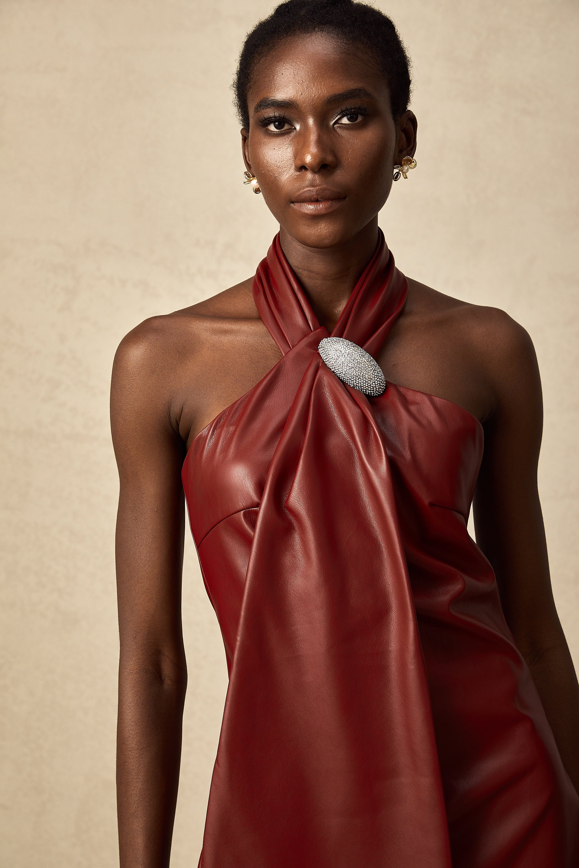 Maxanne red halterneck sheepskin mini dress