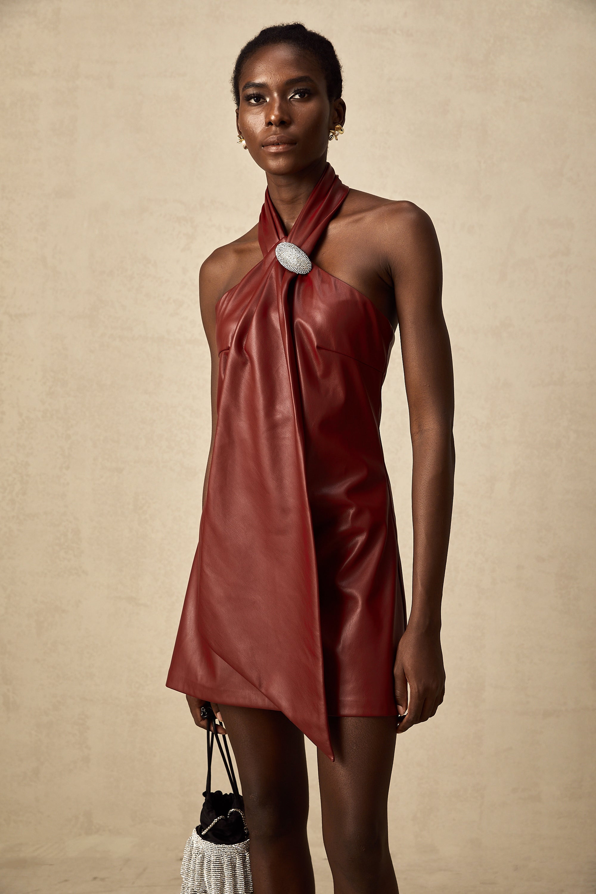 Maxanne red halterneck sheepskin mini dress