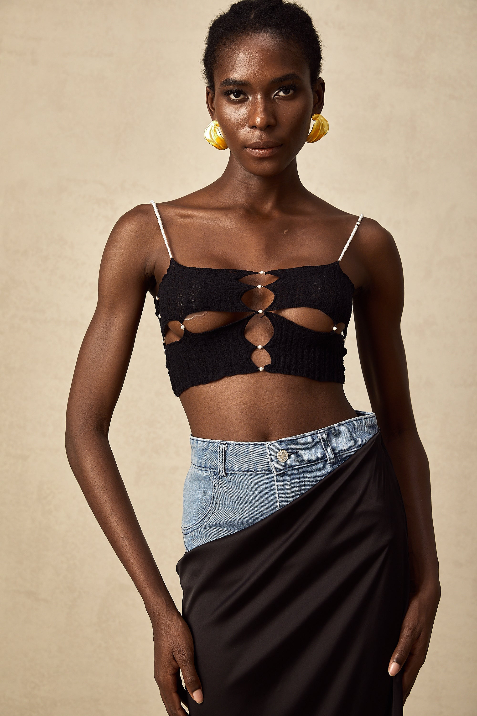 Louane faux-pearl embellished cut-out cropped top