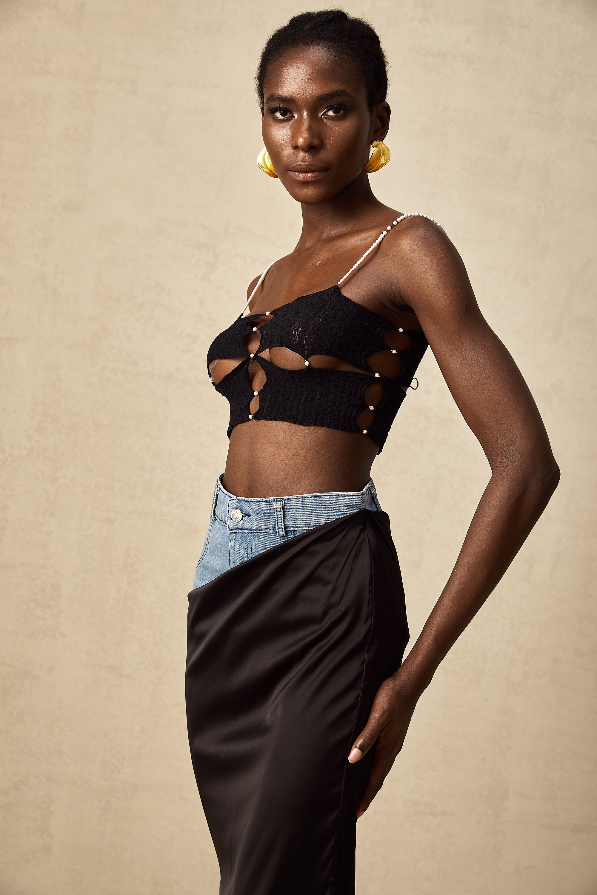 Louane faux-pearl embellished cut-out cropped top