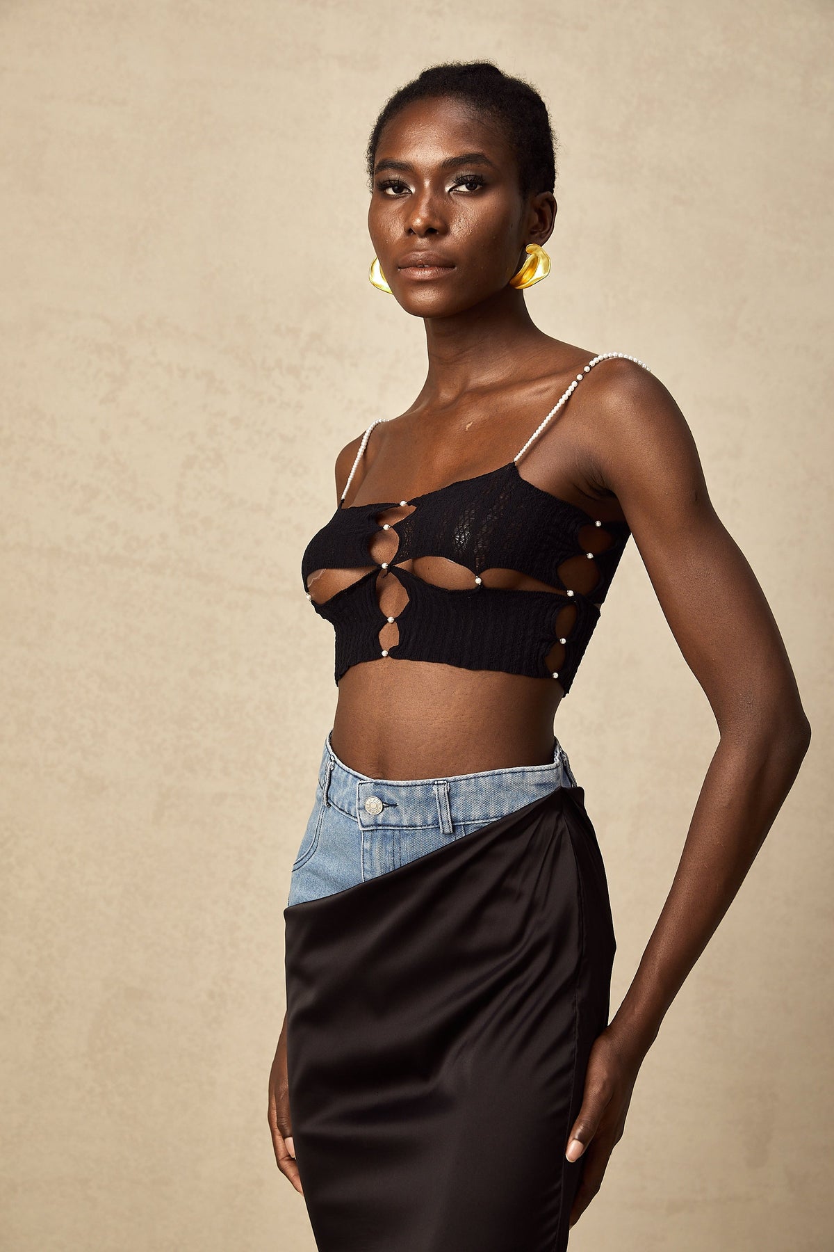 Louane faux-pearl embellished cut-out cropped top