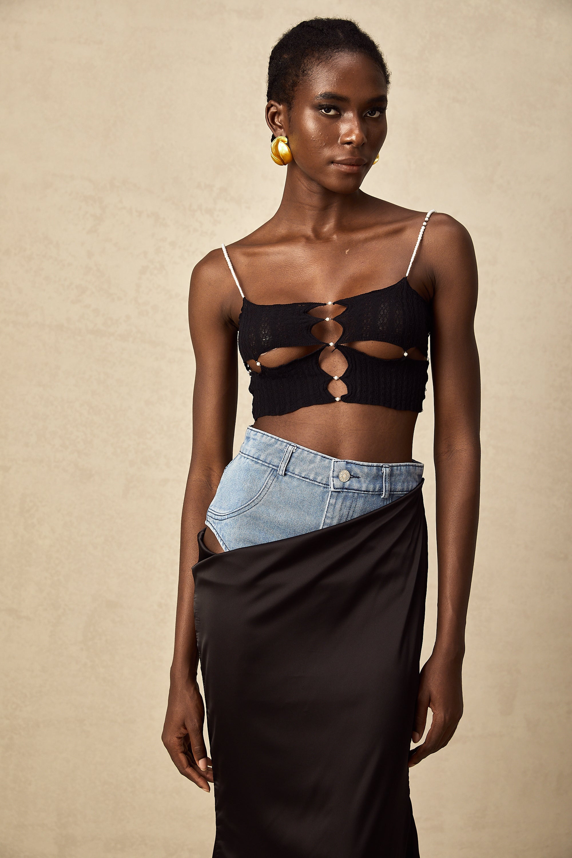 Louane faux-pearl embellished cut-out cropped top