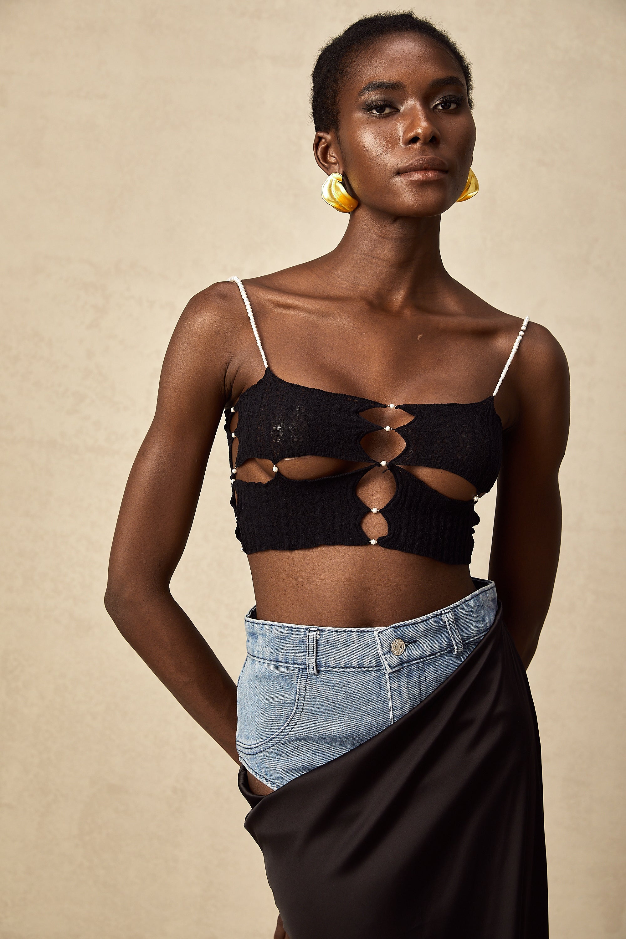 Louane faux-pearl embellished cut-out cropped top