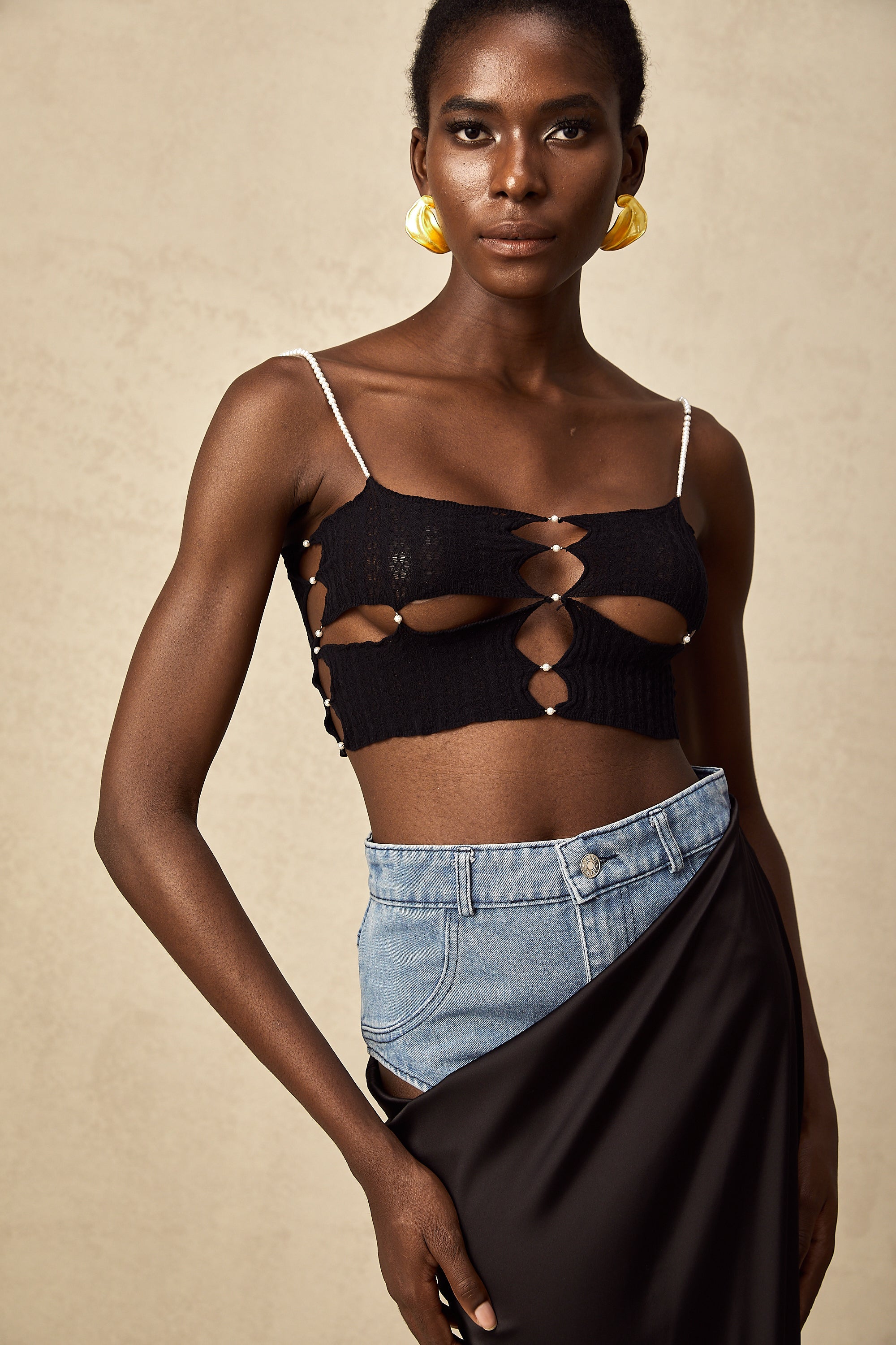 Louane faux-pearl embellished cut-out cropped top