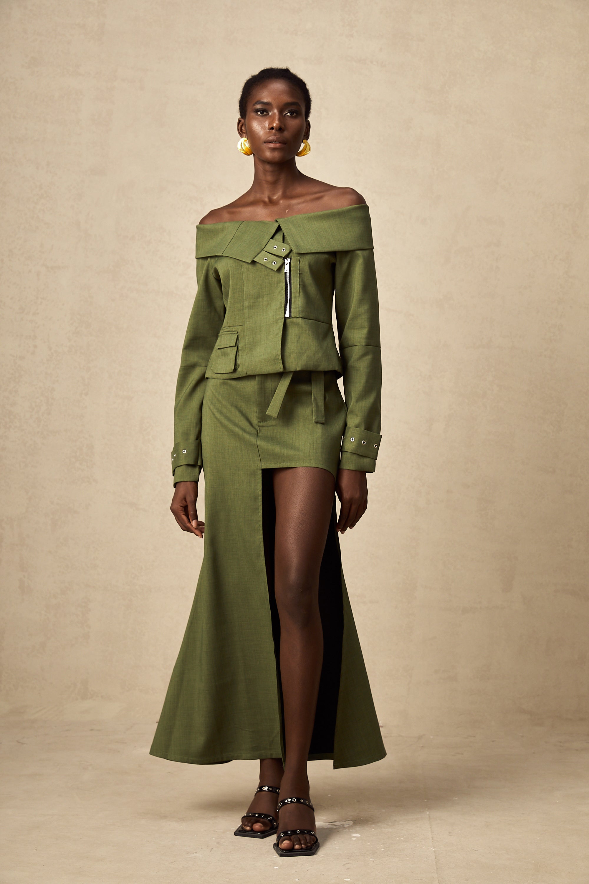 Éléna green asymmetrical-design jacket & skirt matching set