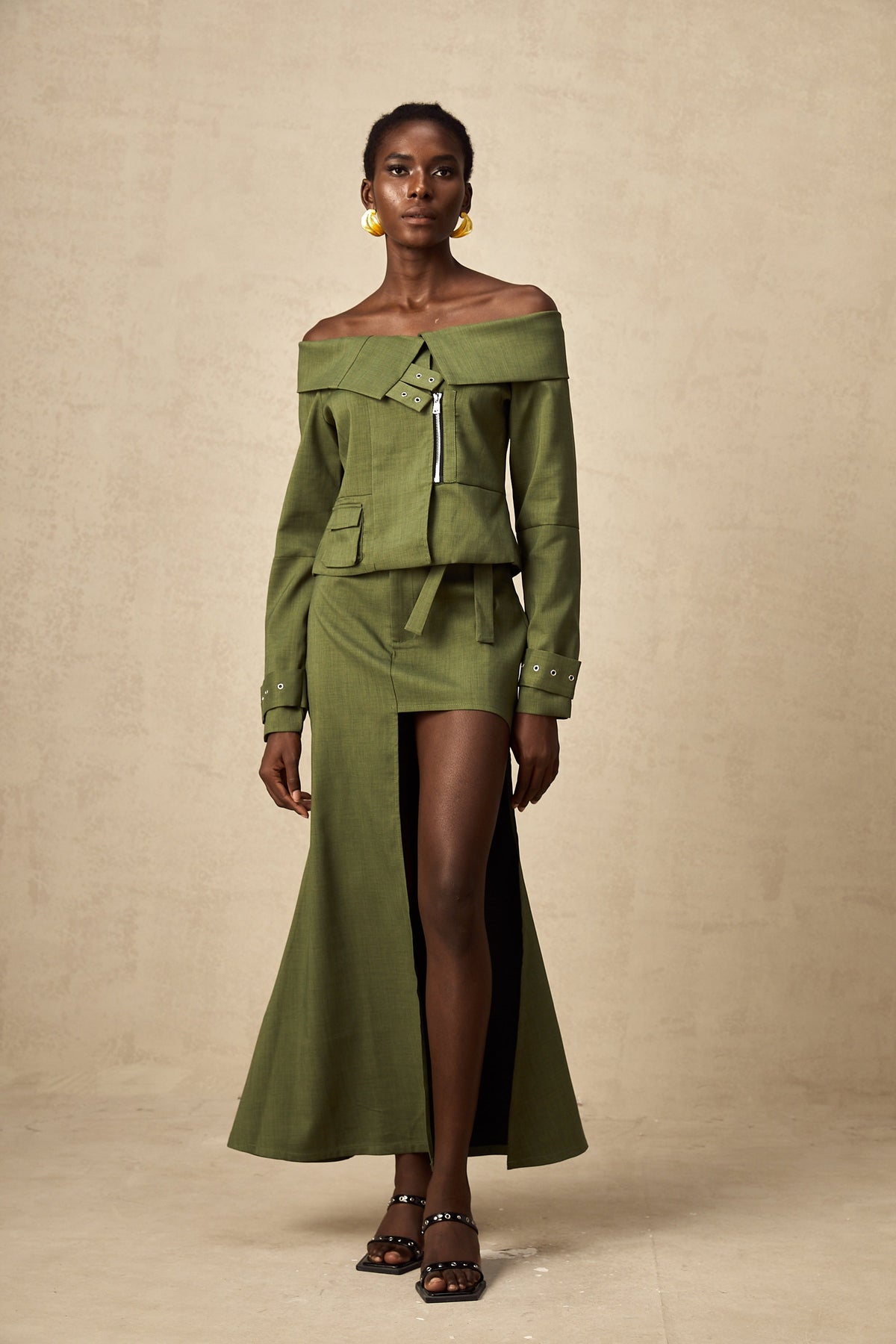 Éléna green asymmetrical-design jacket & skirt matching set