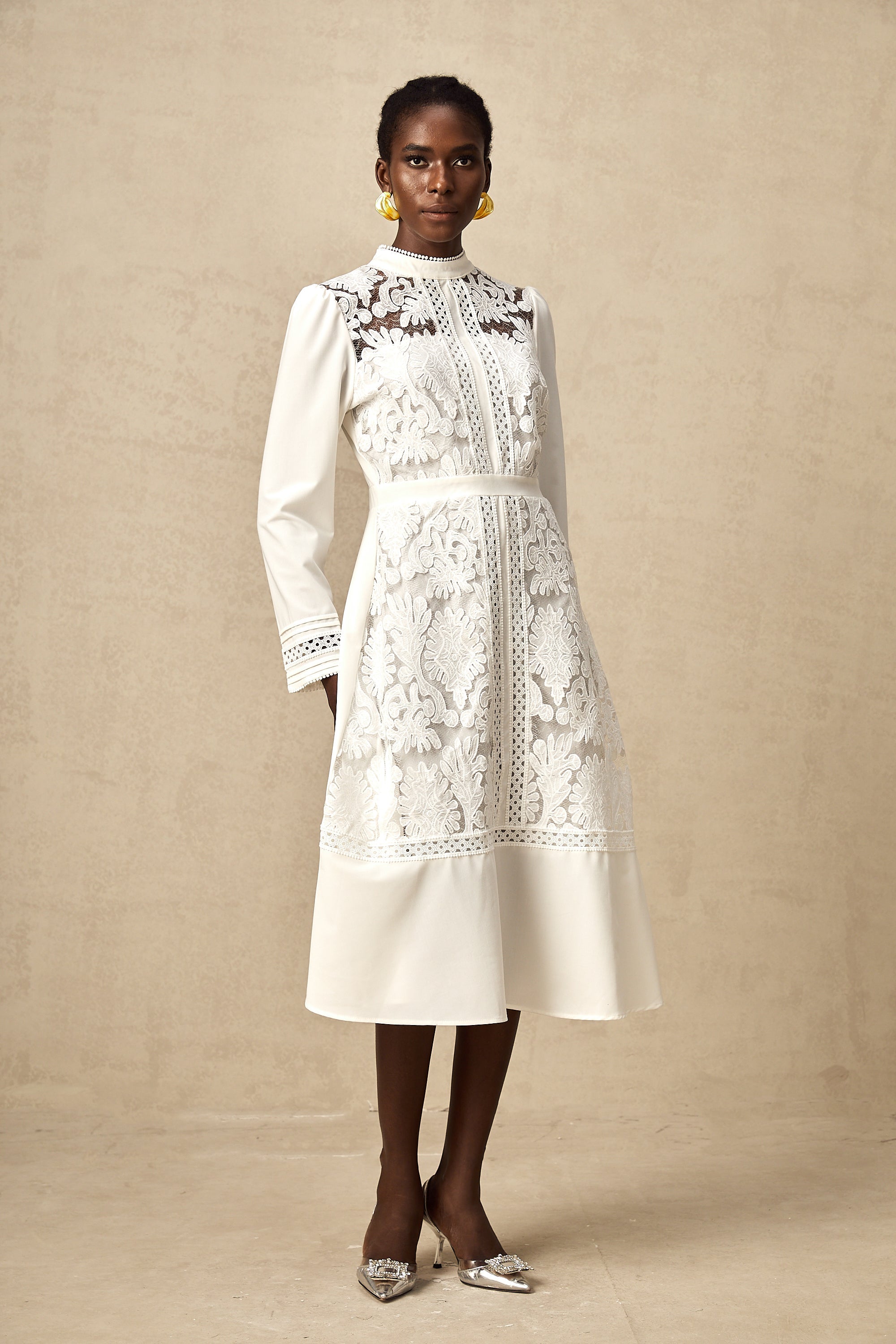 Madeleine white panelled embroidery midi dress