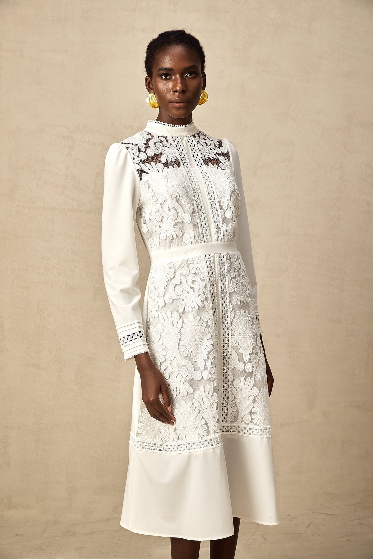 Madeleine white panelled embroidered midi dress