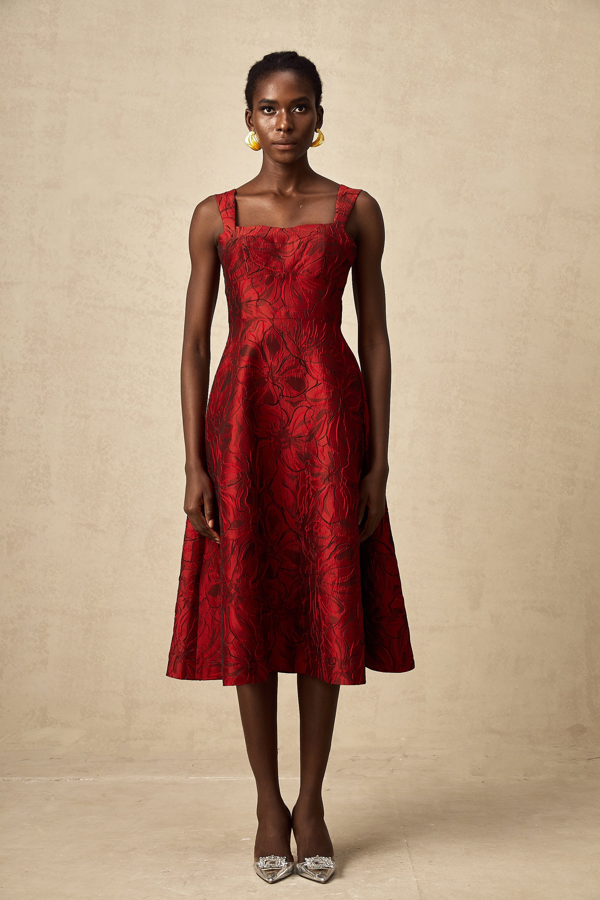 Hélène red floral-jacquard midi dress (Final Sale)