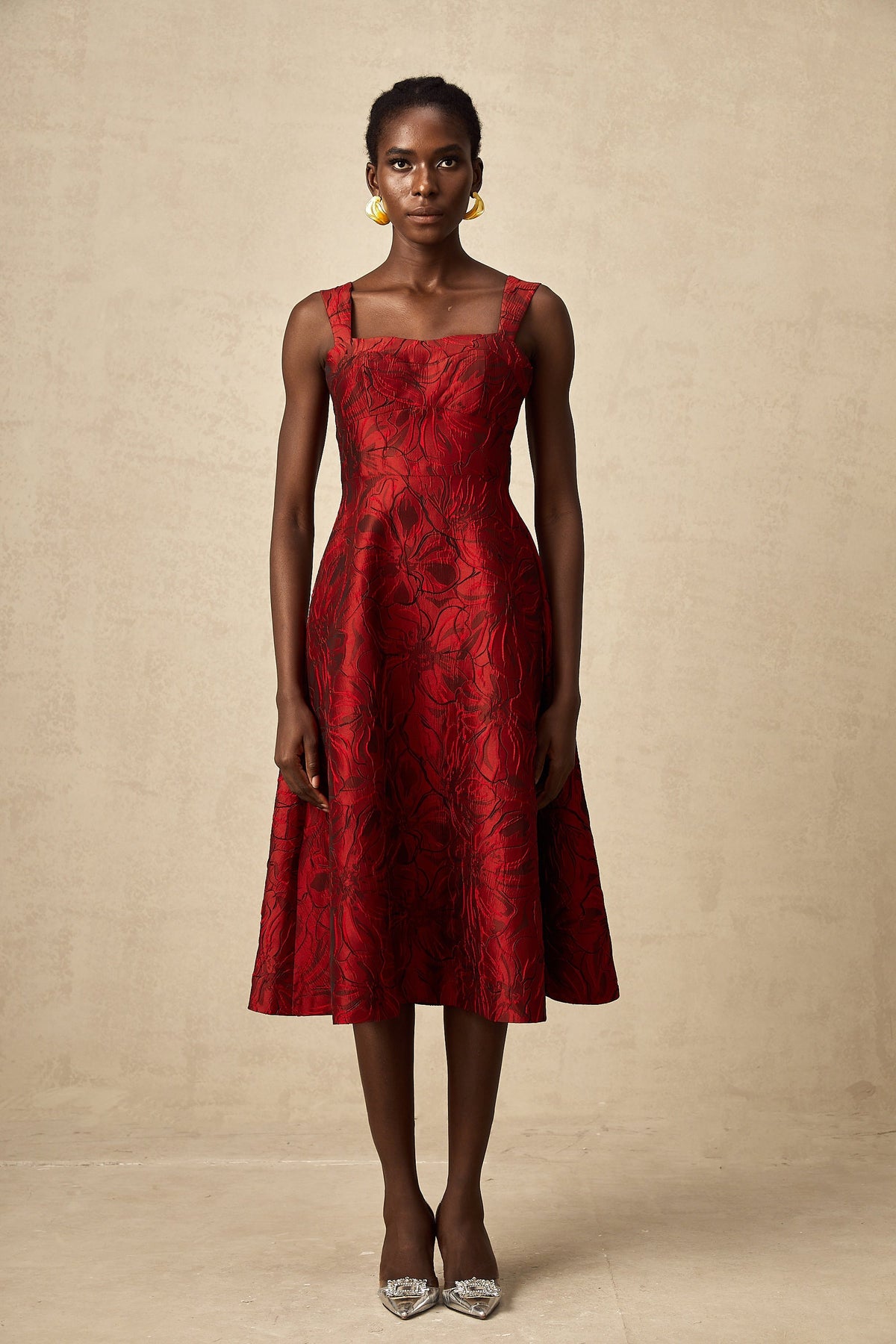 Hélène red floral-jacquard midi dress (Final Sale)