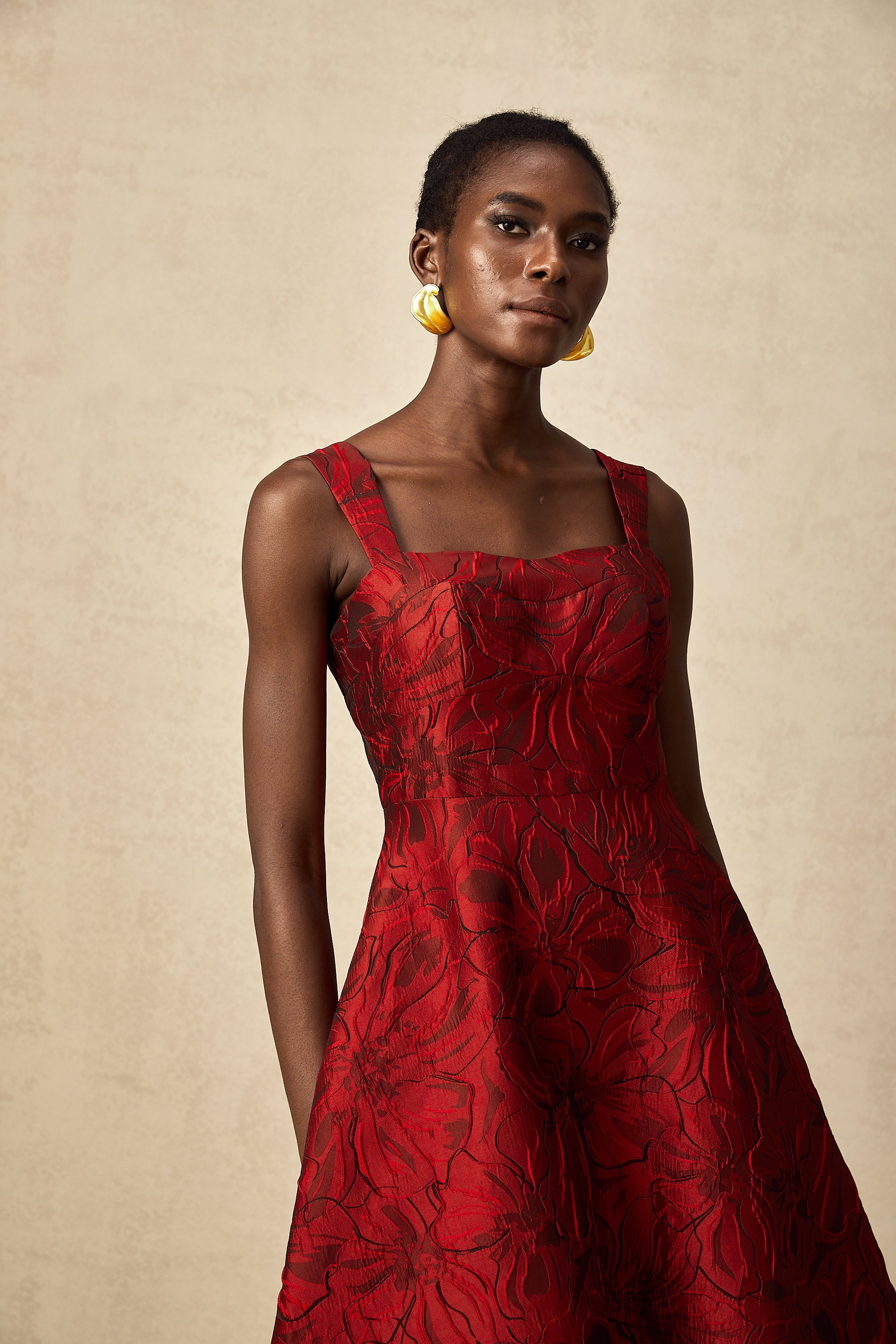 Hélène red floral-jacquard midi dress (US Only)