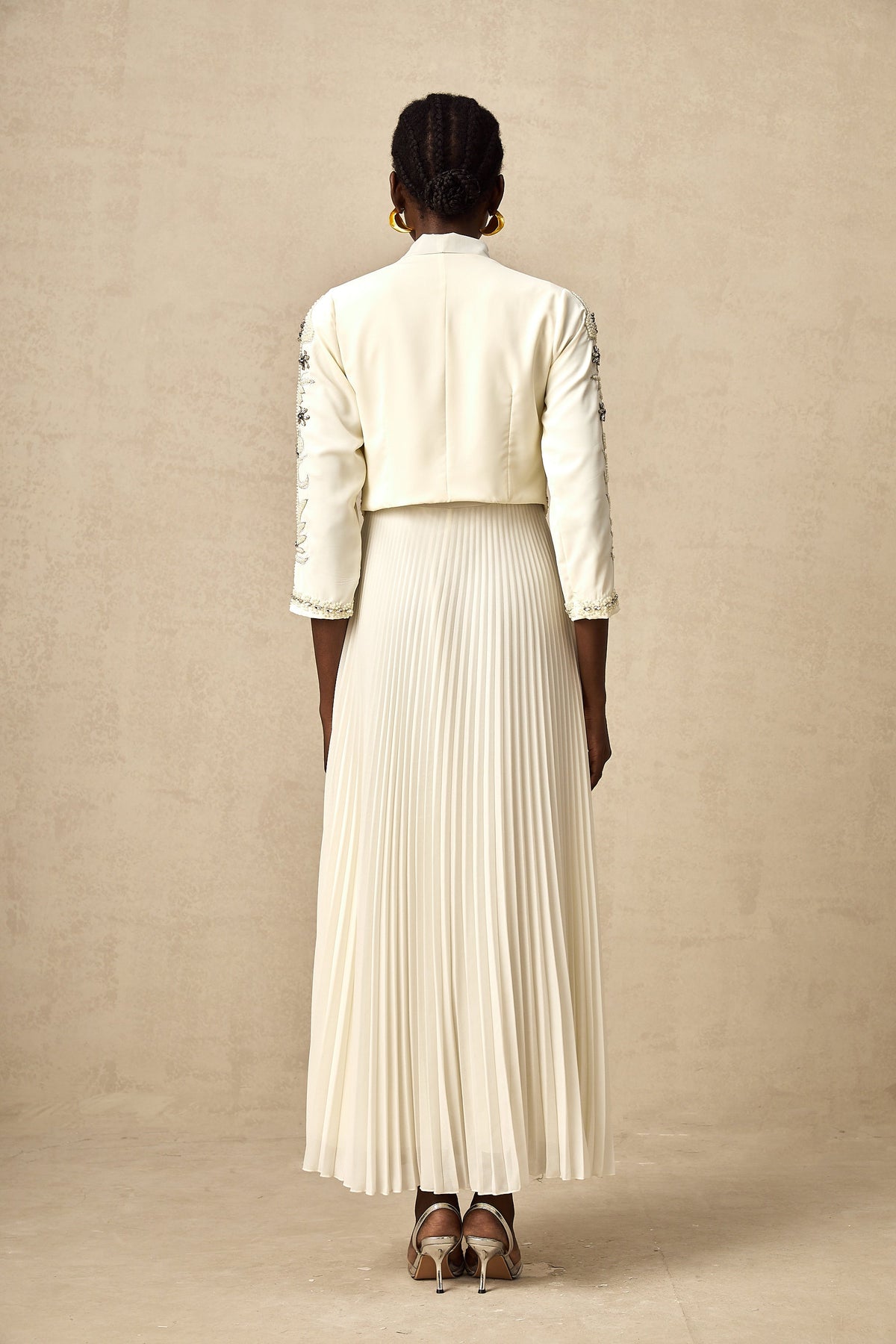 Blanche white embellished pleated jacket & dress matching set