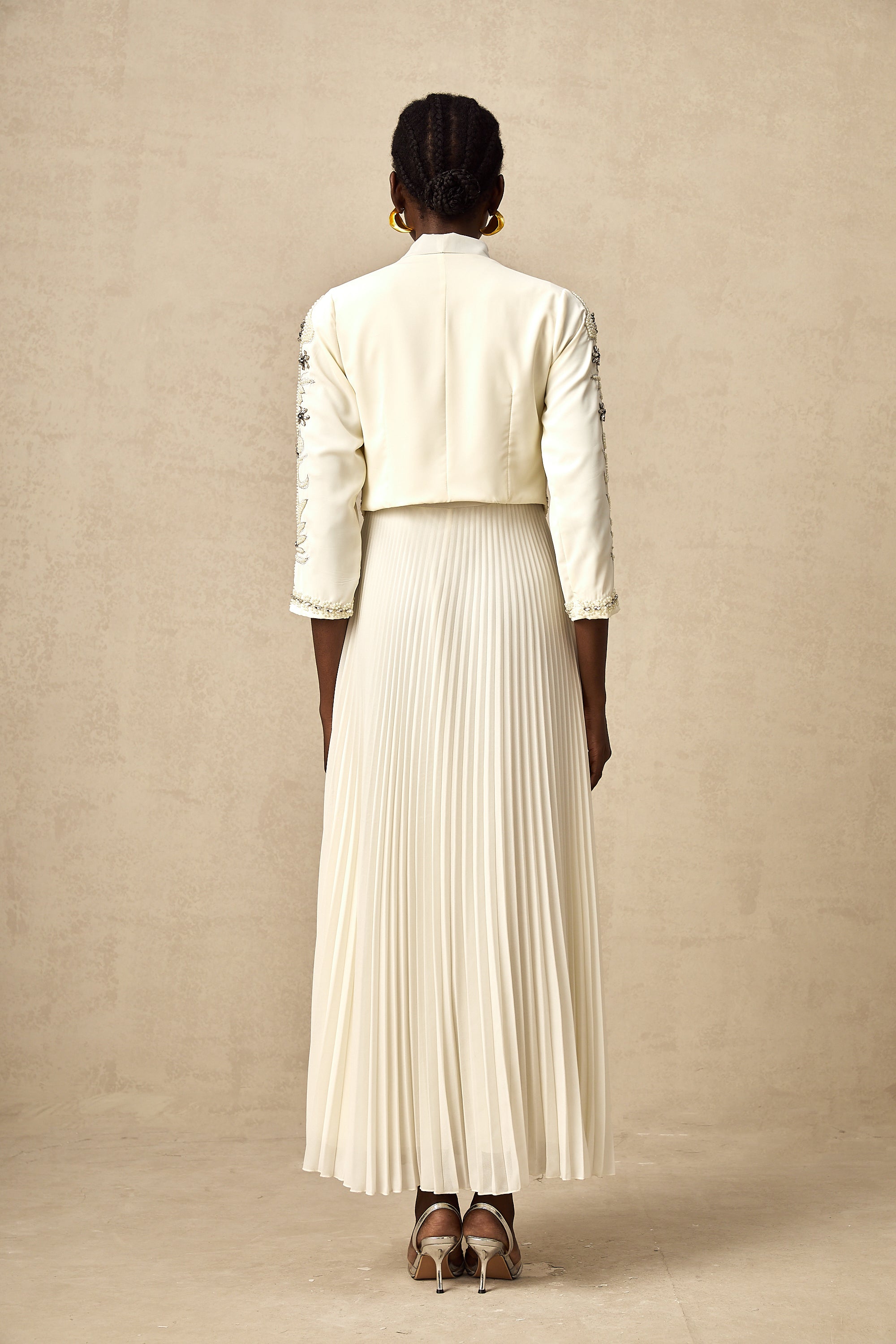 Blanche White Embellished Pleated Two-Piece Jacket and Dress Set (US Only)