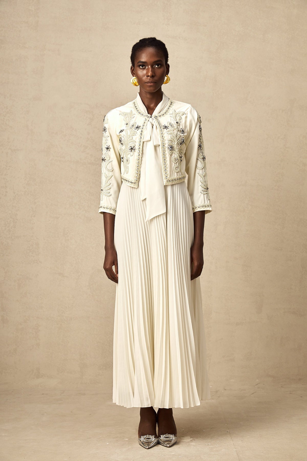 Blanche White Embellished Pleated Two-Piece Jacket and Dress Set (Final Sale-US Only)