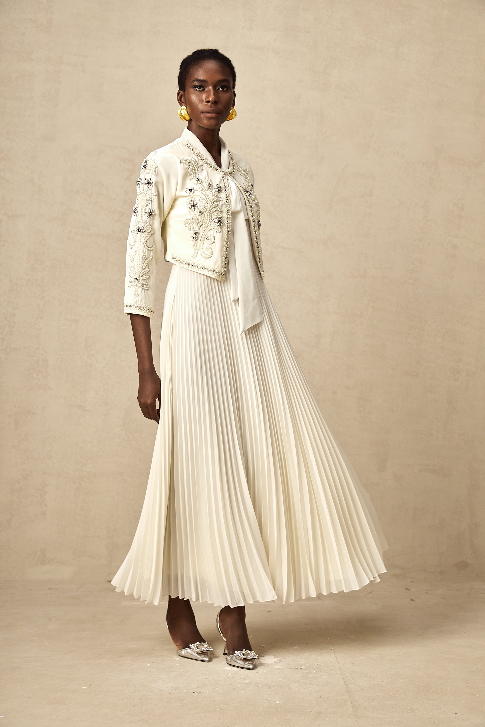 Blanche White Embellished Pleated Two-Piece Jacket and Dress Set (Final Sale-US Only)