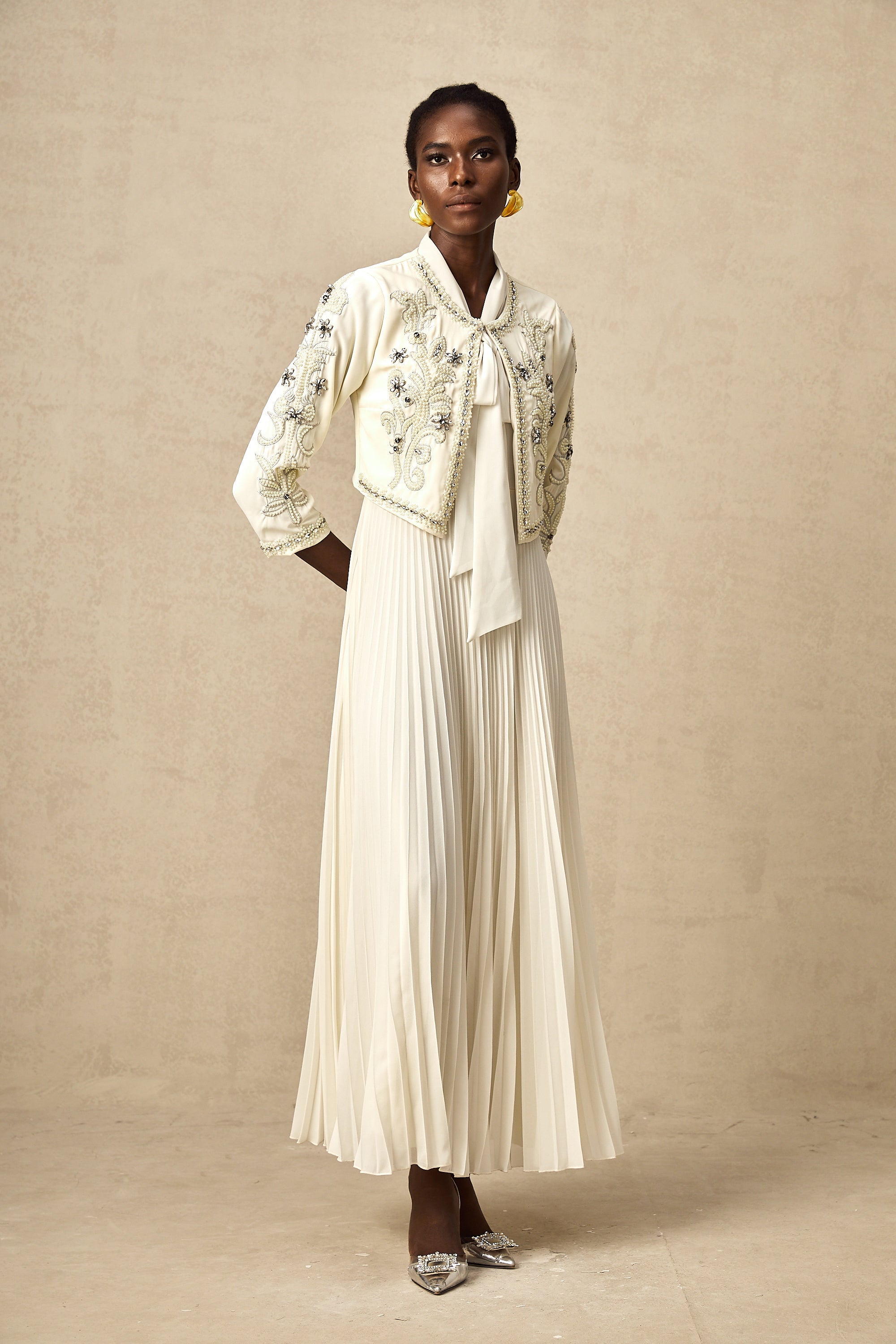 Blanche White Embellished Pleated Two-Piece Jacket and Dress Set (Final Sale-US Only)