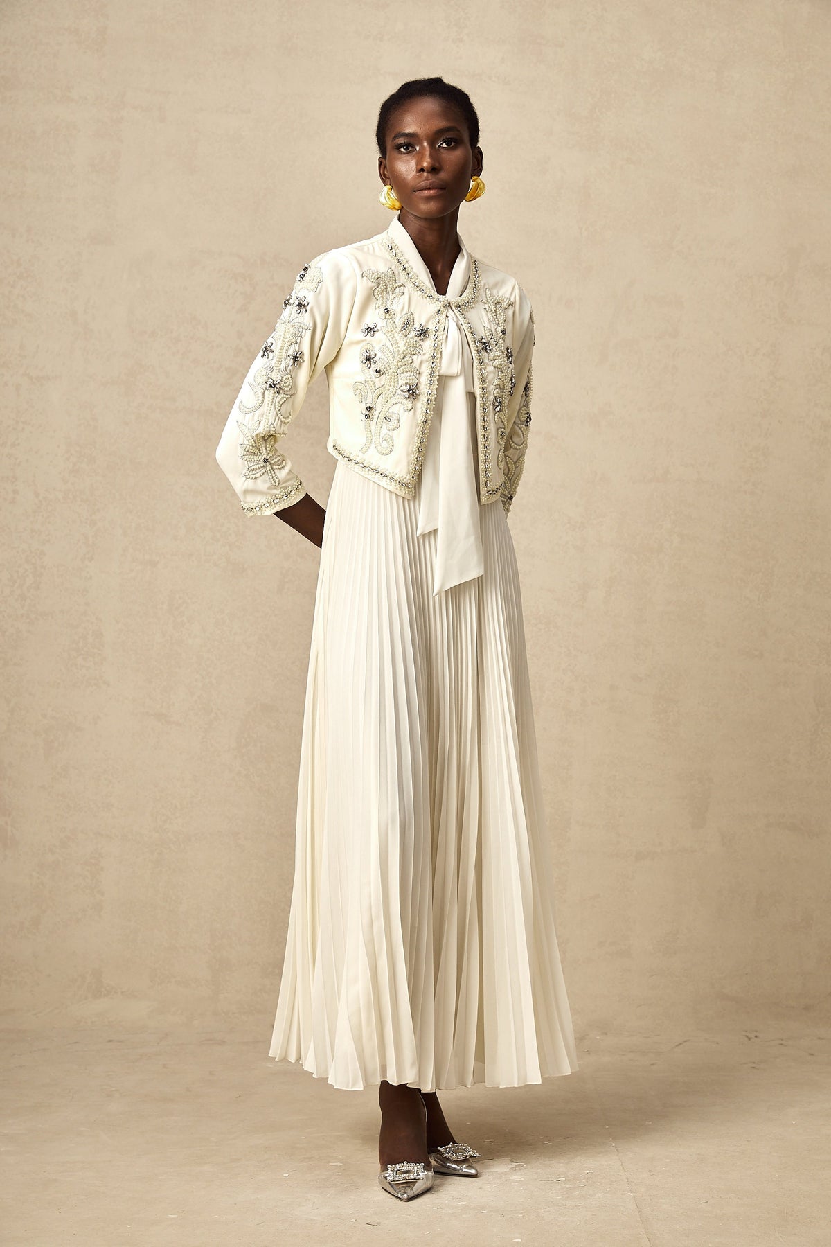 Blanche White Embellished Pleated Two-Piece Jacket and Dress Set (Final Sale-US Only)