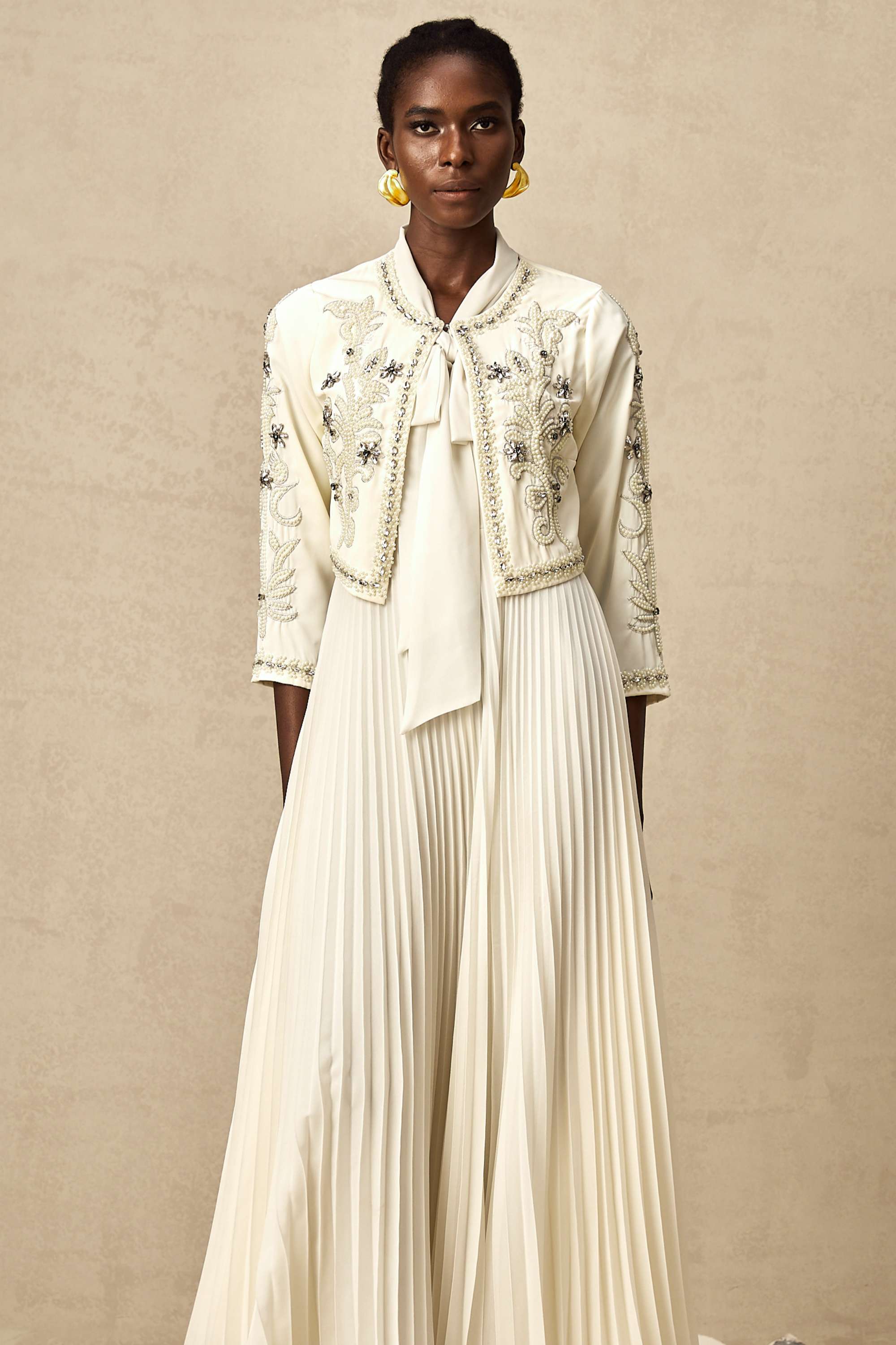 Blanche White Embellished Pleated Two-Piece Jacket and Dress Set (US Only)