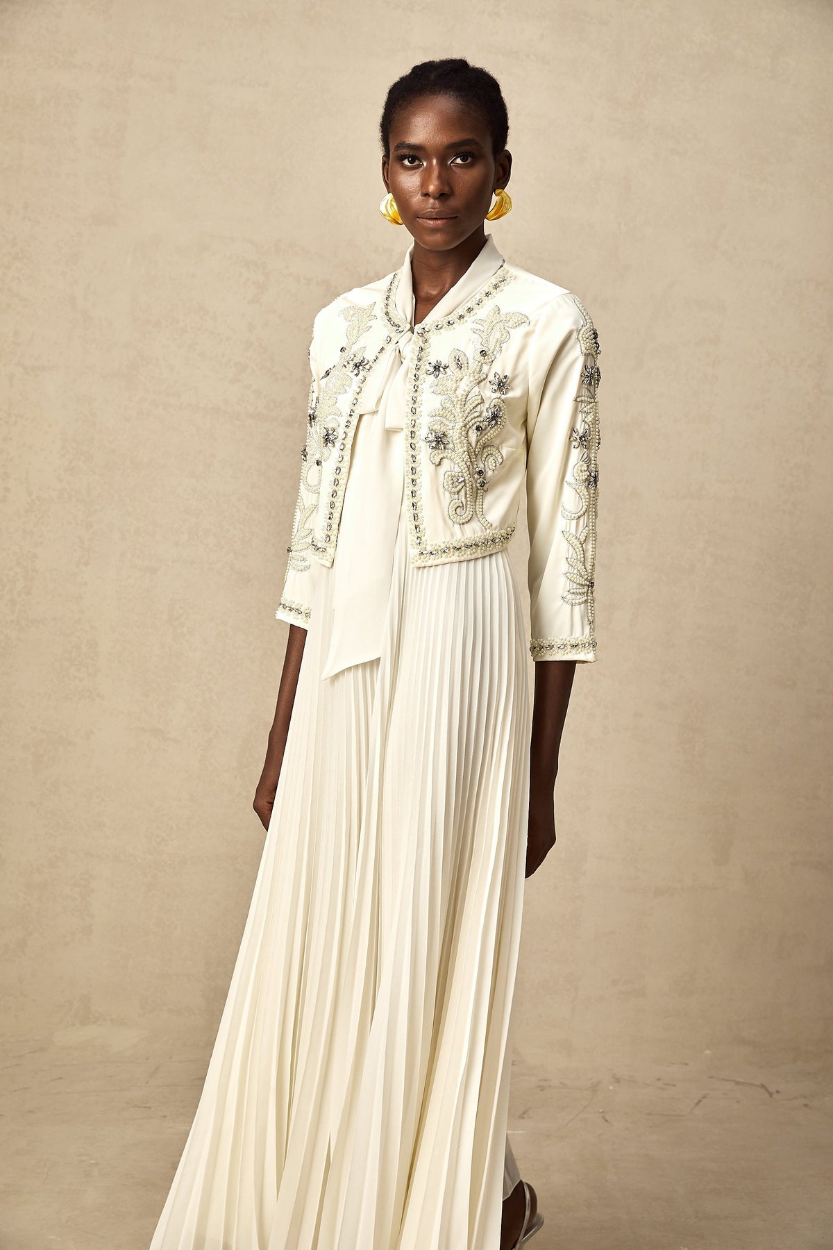 Blanche White Embellished Pleated Two-Piece Jacket and Dress Set (Final Sale-US Only)