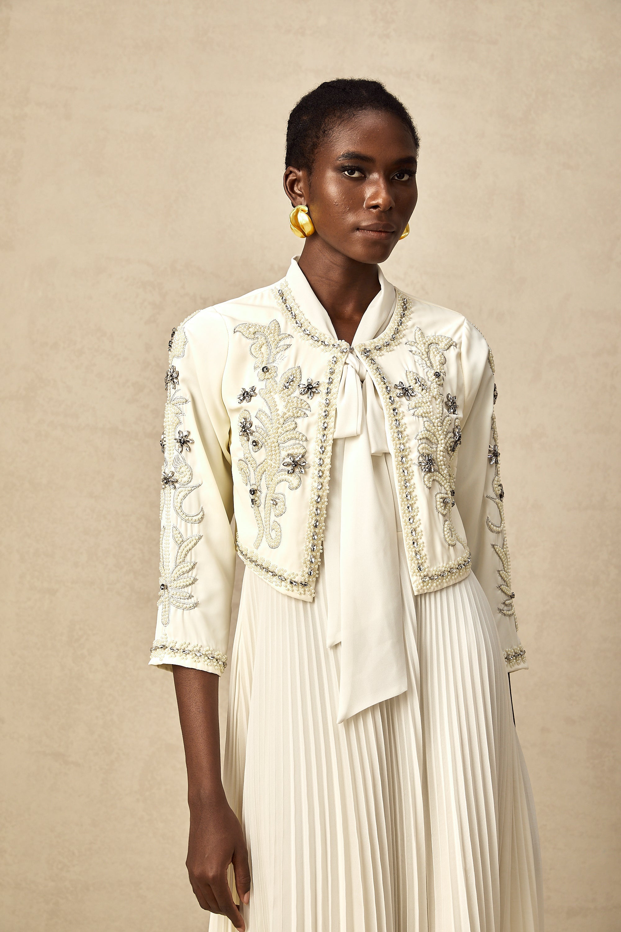 Blanche White Embellished Pleated Two-Piece Jacket and Dress Set (Final Sale-US Only)